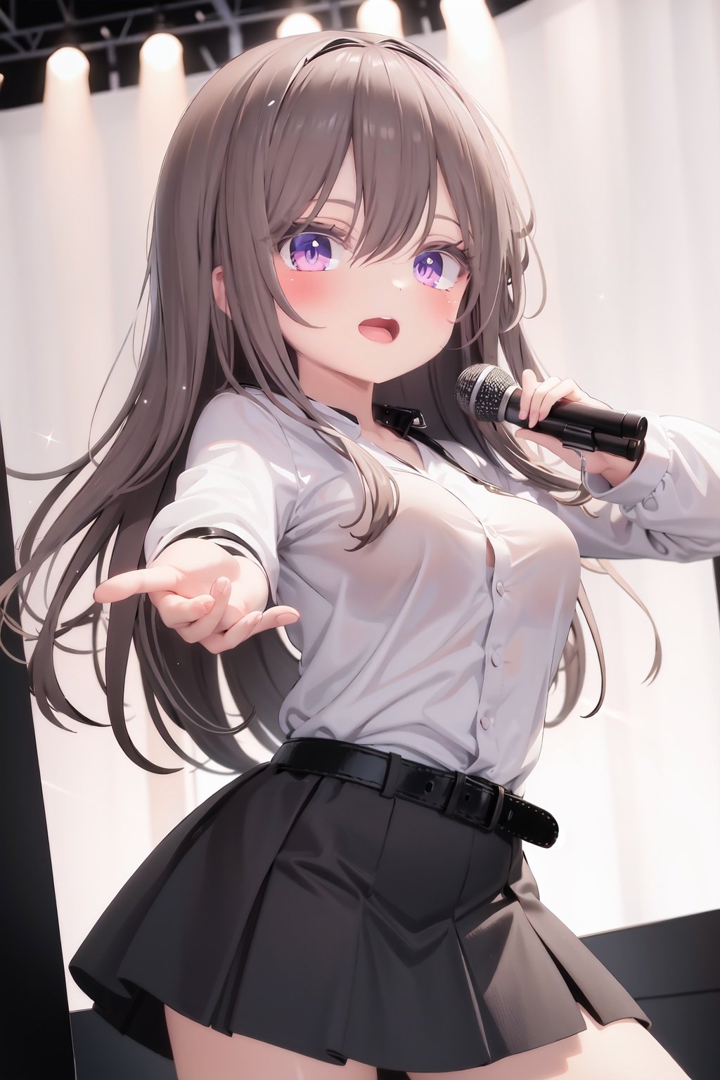  1girl, solo, microphone, smile, skirt, blush, brown eyes, long hair, open mouth, looking at viewer, brown hair, long sleeves, :d, shirt, bangs, belt, breasts, pink shirt, outstretched arm, music, black belt, medium breasts, holding microphone, singing