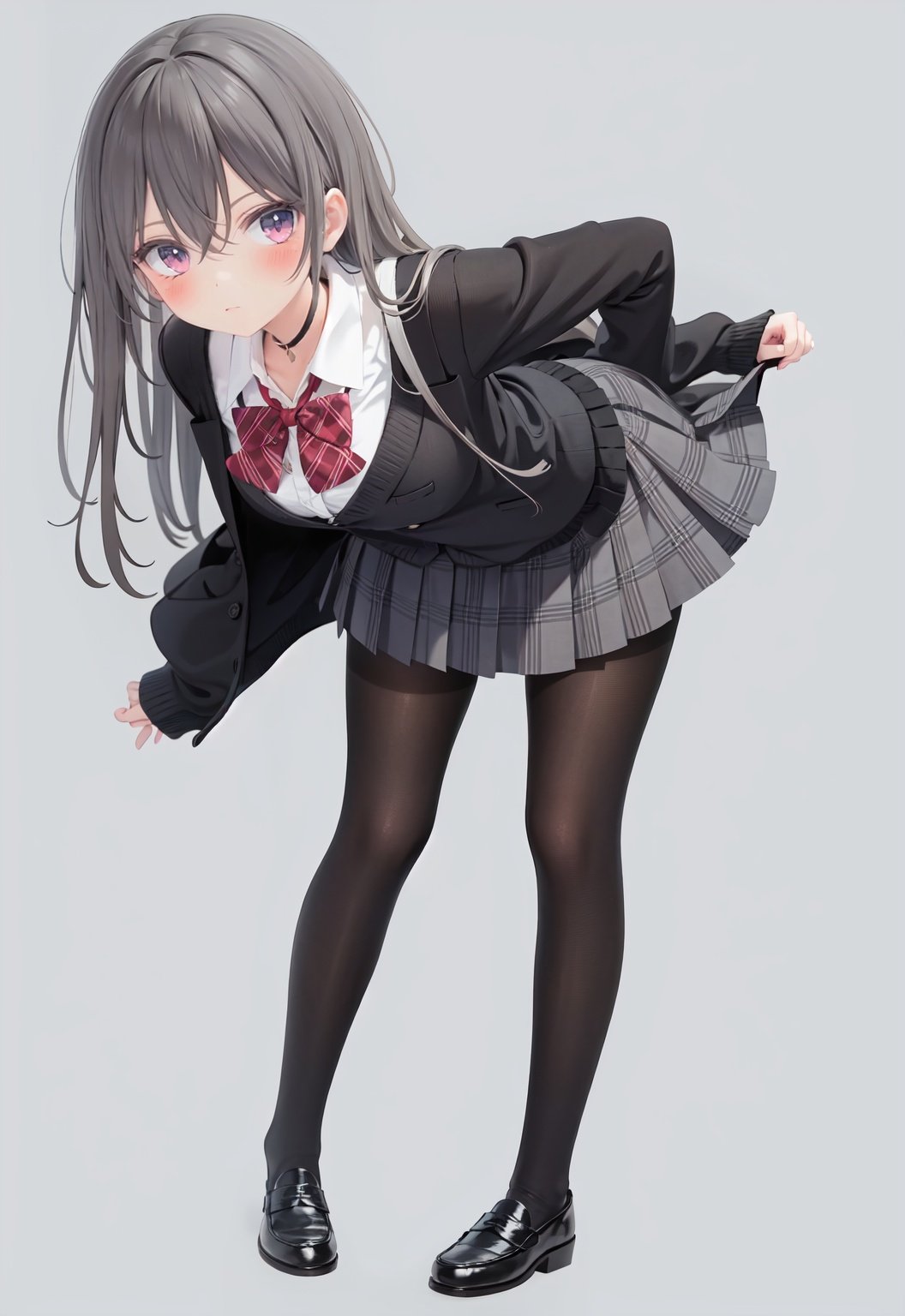  1girl, solo, pantyhose, skirt, long hair, loafers, shoes, simple background, school uniform, brown eyes, plaid, black pantyhose, plaid skirt, looking at viewer, black hair, pantyhose pull, full body, clothes pull, black footwear, pleated skirt, leaning forward, bangs, long sleeves, bent over, cardigan, bow, bowtie, standing, closed mouth, pulled by self, grey background, blush, miniskirt, red bow, sweater, undressing