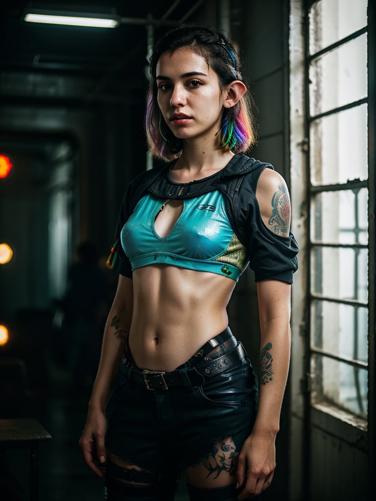 portrait of cyberpunk elf in combat suit from Shadowrun, intricate tattoos, iridescent hair, cinematic shot on canon 5d ultra realistic skin intricate clothes accurate hands studio lighting, ray tracing, bloom, fantasy, cyberpunk atmosphere