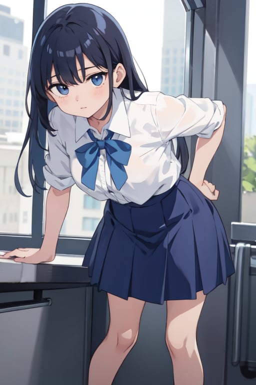 1girl, solo, white shirt, blue skirt, leaning forward 