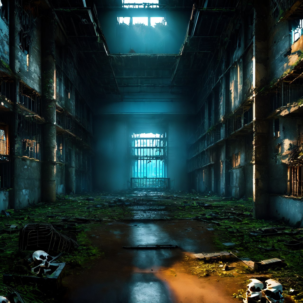 High-quality, ultra-realistic digital art, 64K HDR, eerie and haunting scene of (prison ruins:1.4) with (human skeletons:1.3), adjacent to a (dilapidated ancient hospital:1.4), crumbling walls, broken windows, overgrown vegetation, faded signs, rusted medical equipment, debris, sense of history and neglect, atmospheric lighting, photorealism.