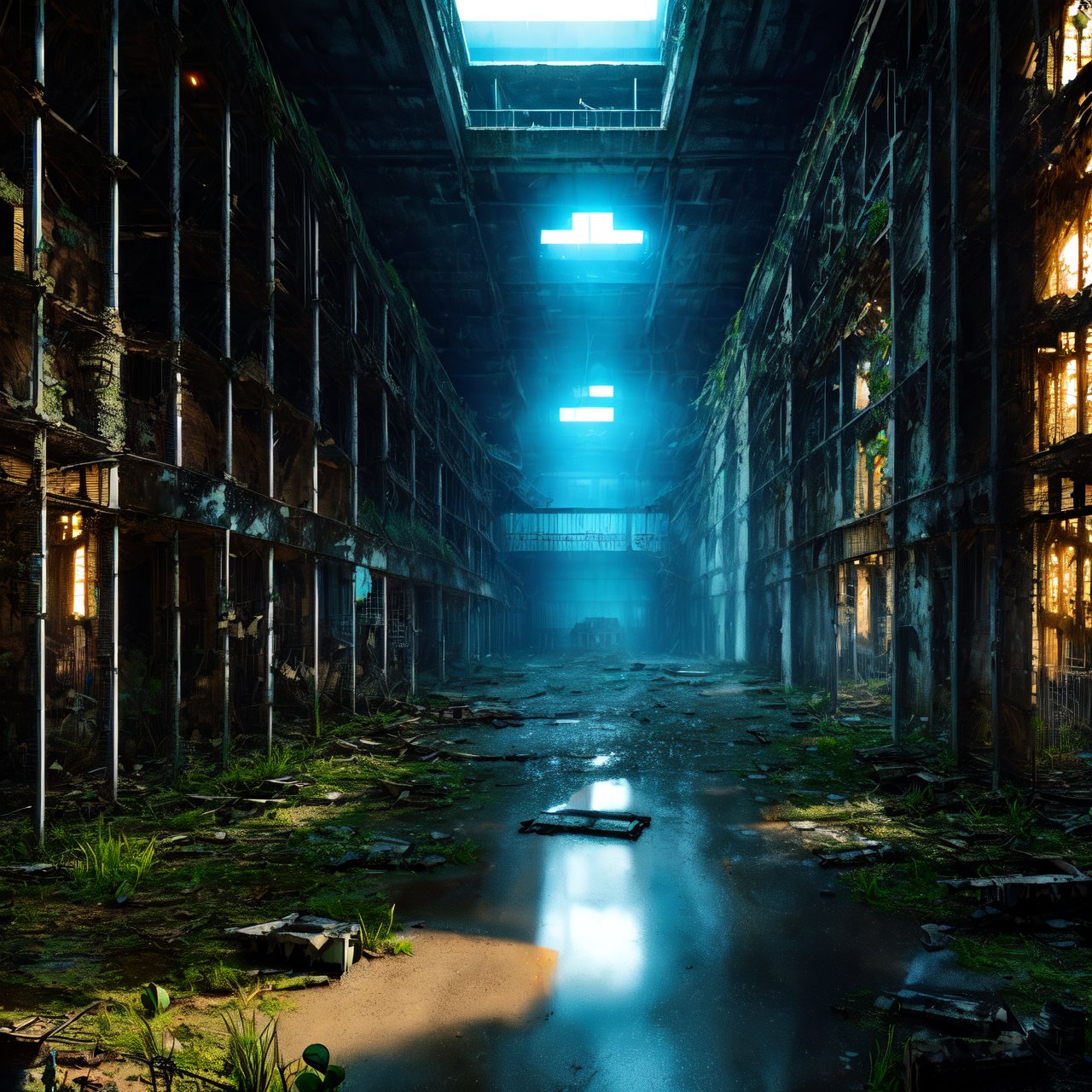 High-quality, ultra-realistic digital art, 64K HDR, eerie and haunting scene of (prison ruins:1.4) with (human skeletons:1.3), adjacent to a (dilapidated ancient hospital:1.4), crumbling walls, broken windows, overgrown vegetation, faded signs, rusted medical equipment, debris, sense of history and neglect, atmospheric lighting, photorealism.