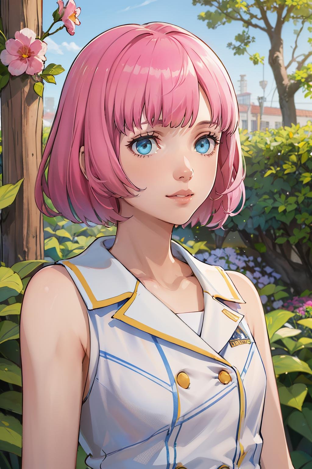 (solo, 1girl), (absurdres, highres, official wallpaper, poster), (masterpiece, best quality:1.2)<lora:CRin-000005:0.8>CRin, short hair, upper body portrait, garden