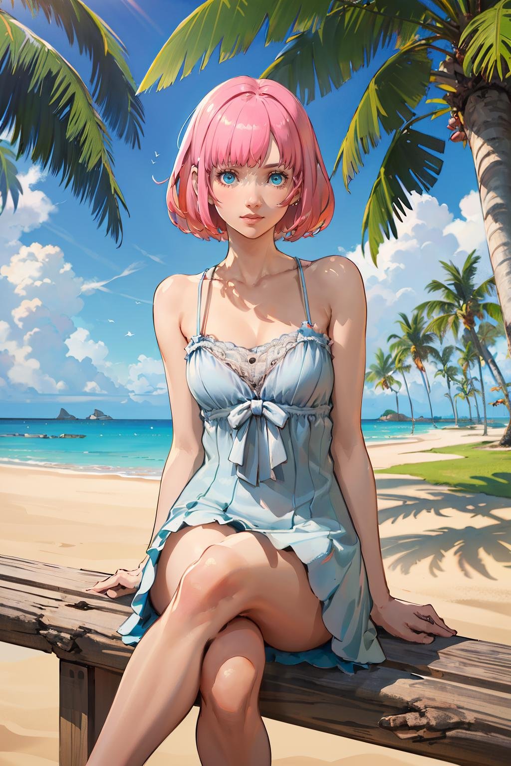 (solo, 1girl), (absurdres, highres, official wallpaper, poster), (masterpiece, best quality:1.2), (illustration, realistic), (perfect details, highest detailed, extreme detailed), dramatic light, <lora:CRin-000006:0.8>CRin, short hair, on a tropical island, sundress, palm trees, sitting cross-legged