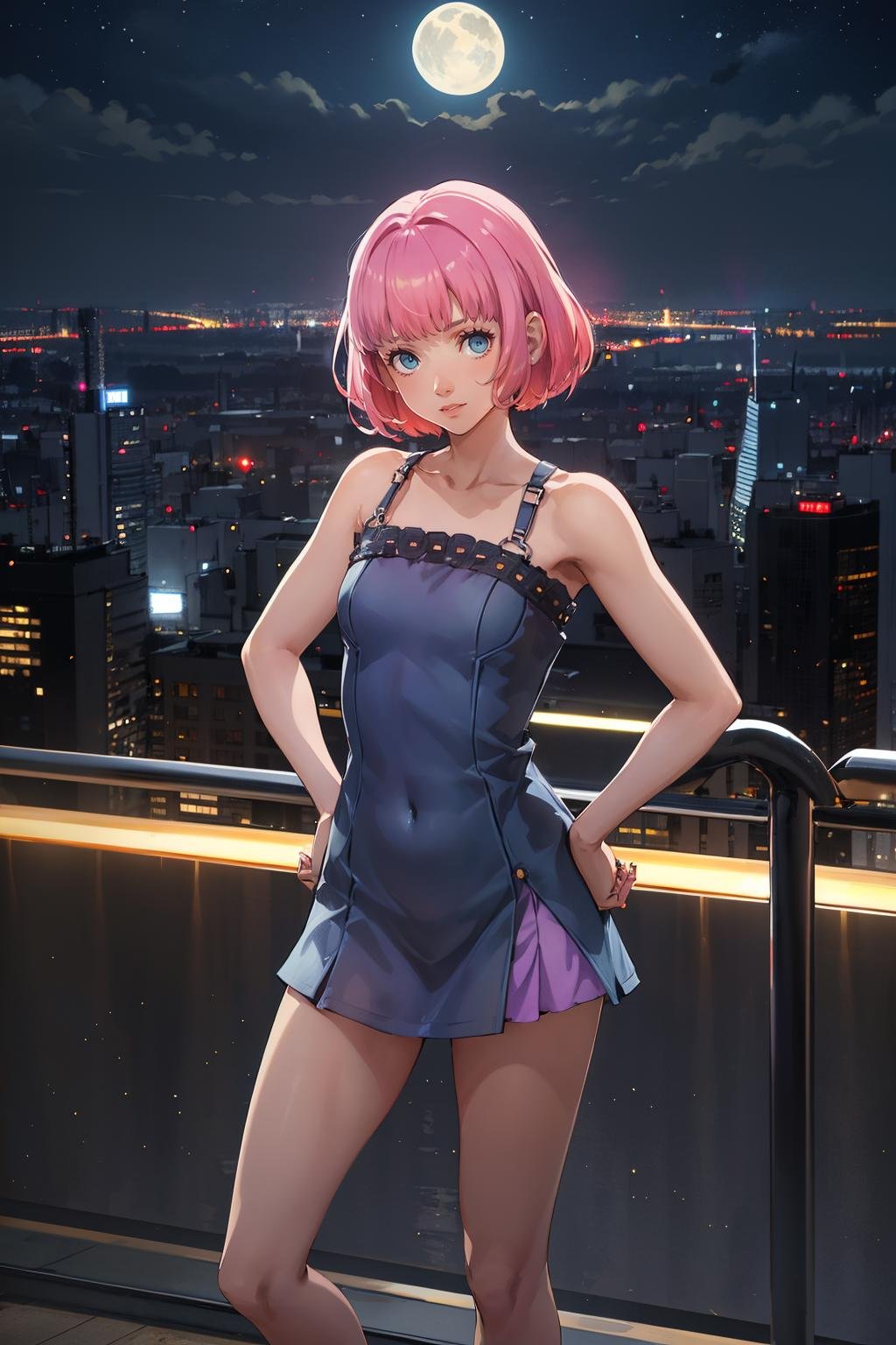 (solo, 1girl), (absurdres, highres, official wallpaper, poster), (masterpiece, best quality:1.2)<lora:CRin-000005:0.8>CRin, short hair, overlooking a cityscape at night from a skyscraper, short dress, standing with hands on hips