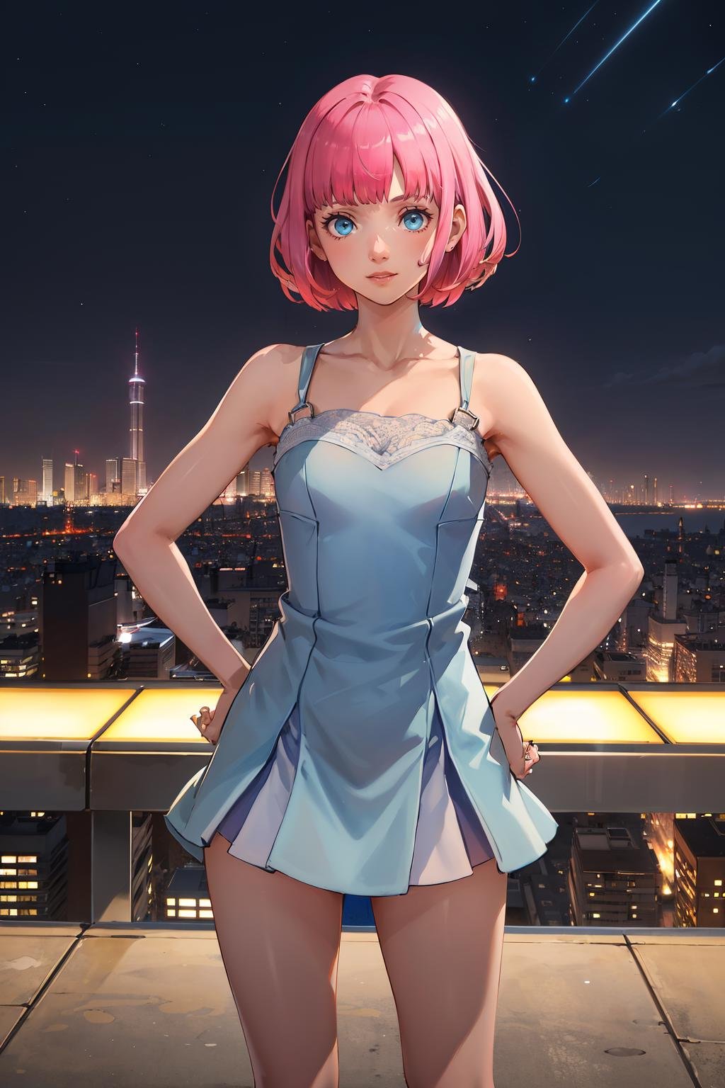 (solo, 1girl), (absurdres, highres, official wallpaper, poster), (masterpiece, best quality:1.2)<lora:CRin-000005:0.8>CRin, short hair, overlooking a cityscape at night from a skyscraper, short dress, standing with hands on hips