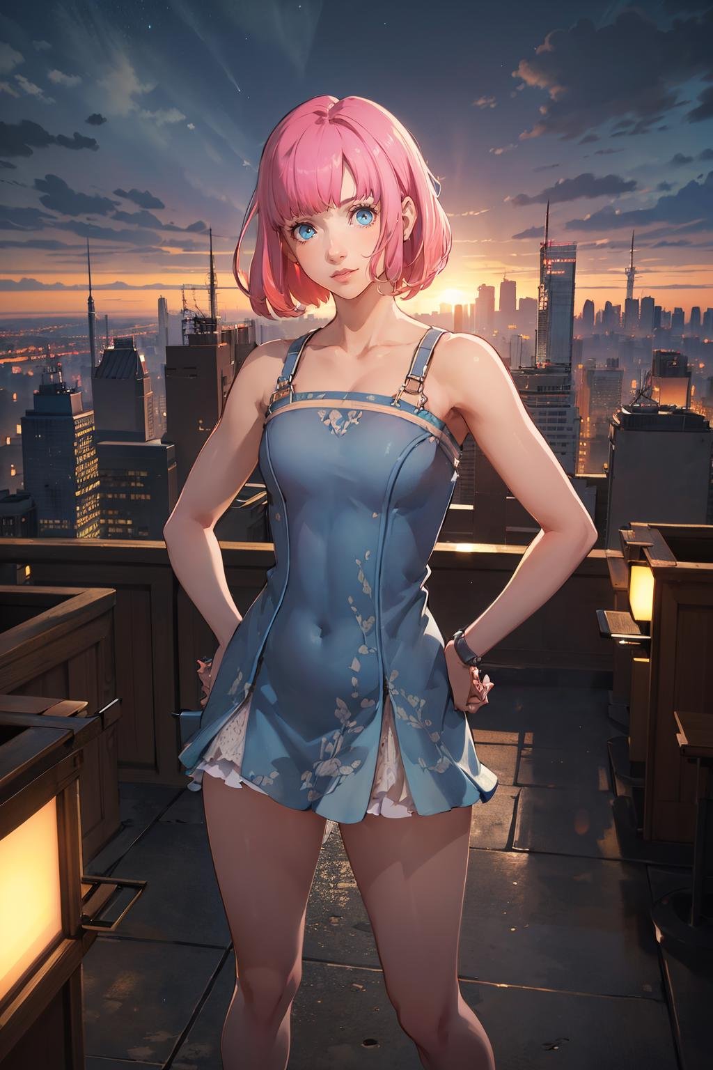 (solo, 1girl), (absurdres, highres, official wallpaper, poster), (masterpiece, best quality:1.2), (illustration, realistic), (perfect details, highest detailed, extreme detailed), dramatic light, <lora:CRin-000006:0.8>CRin, short hair, overlooking a cityscape at night from a skyscraper, short dress, standing with hands on hips