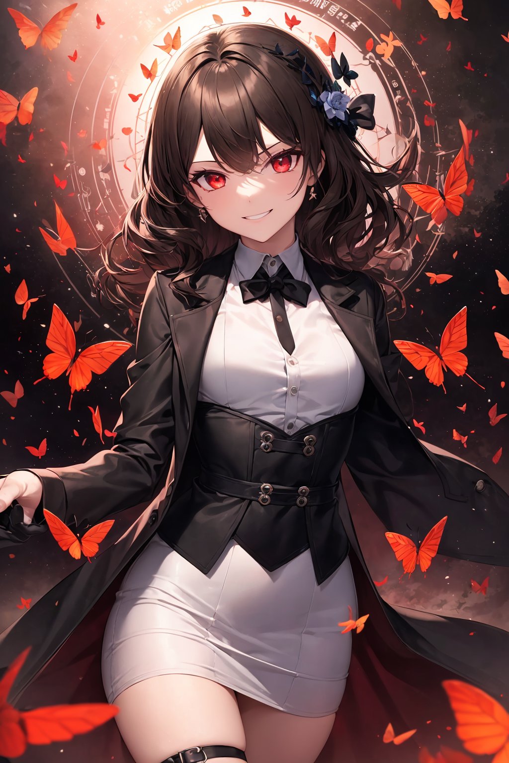 (absurdres, highres, ultra detailed, high resolution: 1.1), 1 girl, solo, medium breasts, cowboy shot, field of depth, black trench coat, black vest, white shirt, black tie, black skirt, black flower on head, black gloves, dark brown hair, medium hair, wavy hair, red eyes, eyelashes, pale skin, evil smile, beautiful detailed fallen small city, many object, renegade, evil, (Red butterflies flying around the character: 1.3), (red light particles: 1.2), (perfect magic circle: 1.3), nice hands, perfect hands,