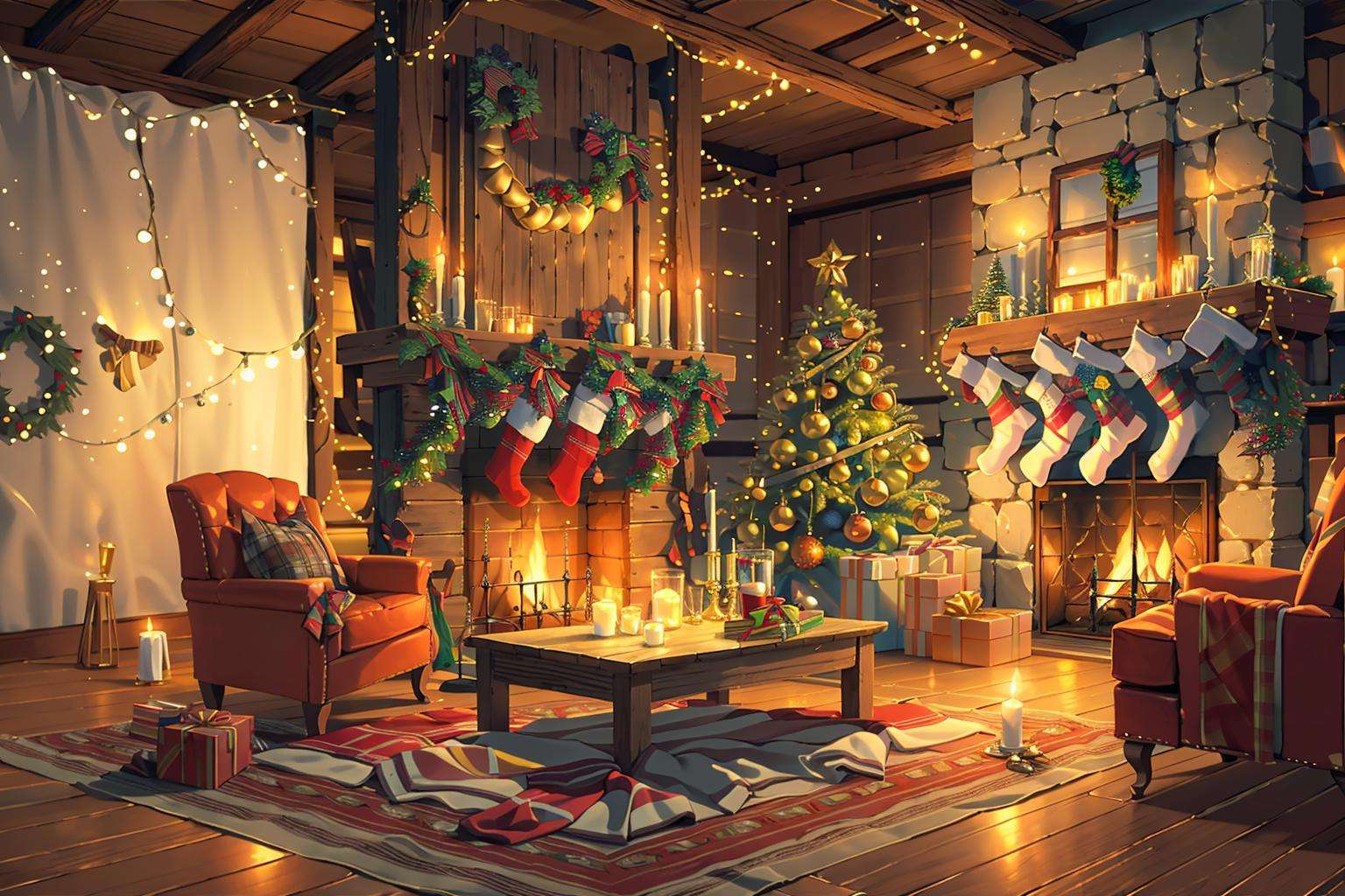 (masterpiece:1.2),best quality,blue archive background,fireplace, no humans, scenery, table, chair, box, carpet, rug, christmas tree, wooden floor, couch, christmas, indoors, christmas ornaments, pillow, window, candle, lamp, gift, book, candlestand, door, cup, plant, cushion, vase<lora:blue archive background-000018:0.8>,