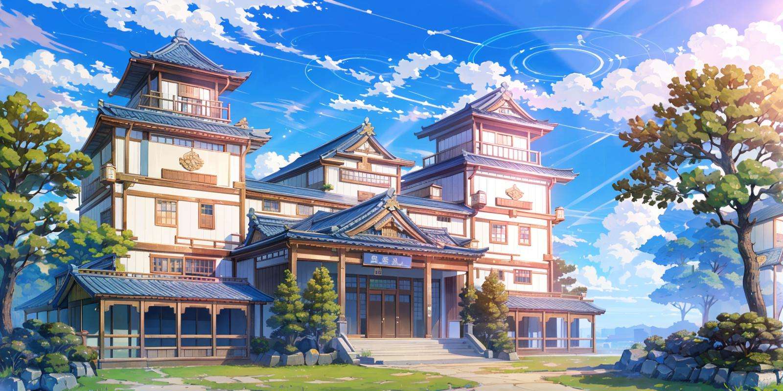 (masterpiece:1.2),best quality,blue archive background,no humans, scenery, sky, outdoors, cloud, building, blue sky, day, english text, tree, japan, sign<lora:blue archive background-000018:0.8>,