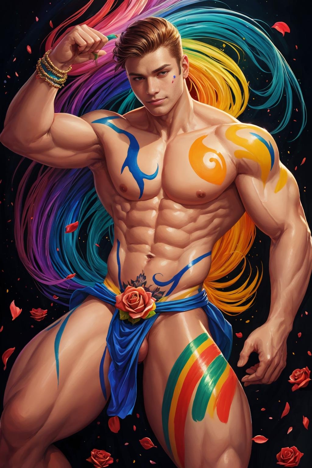 athletic man, wearing a fancy loincloth, colorful body paint, extremely detailed, detailed face, fractal art,colorful,highest detailed, (dynamic pose), (beautiful flowing rainbow rose petals), fractals, abstract background,shiny skin, colorful, flowers, acid colors, illustration, oil painting