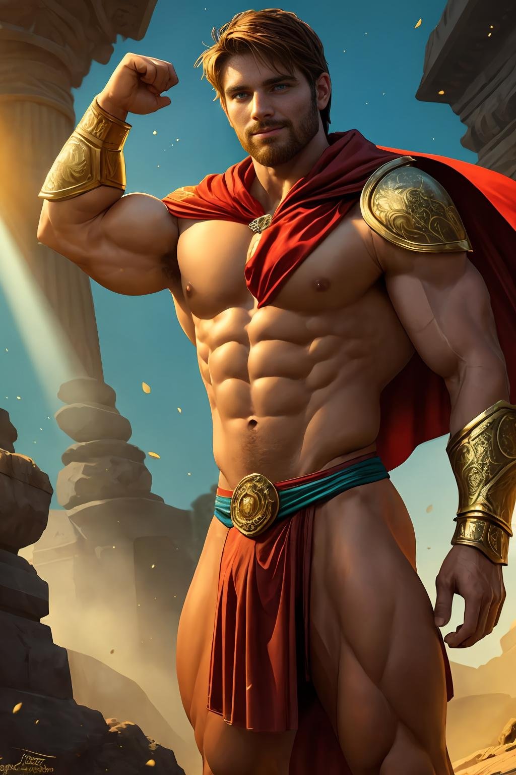(one male), (cowboy-shot), (looking at viewer). Very detailed manly face, heroic, detailed realistic open turquoise eyes, (muscular bodybuilder:1.2), narrow waist and hips, (long ash brown hair), (slight smile). spartanarmor, red cape, shoulder armor, cape clasp, loincloth, sandals Ancient Spartan market. High Contrast, High Saturation, Highly detailed, high quality, masterpiece, ethereal, particle effect, (dust, gust of wind:1.07), volumetric light, light rays, gold filigree, vibrant colors, depth of field.