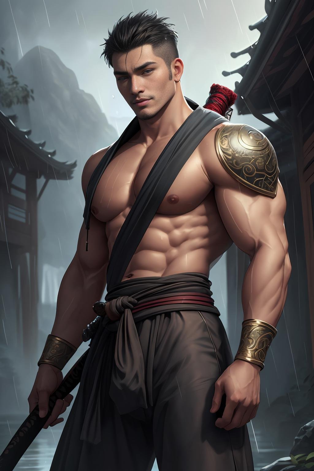 concept art, absurdres, masterpiece, highres, intricately detailed, (asianpunk), a man, sexy, muscular, strutting outdoors, gorgeous eyes, detailed face, rain, outdoors, holding a katana, global illumination, subsurface scattering,