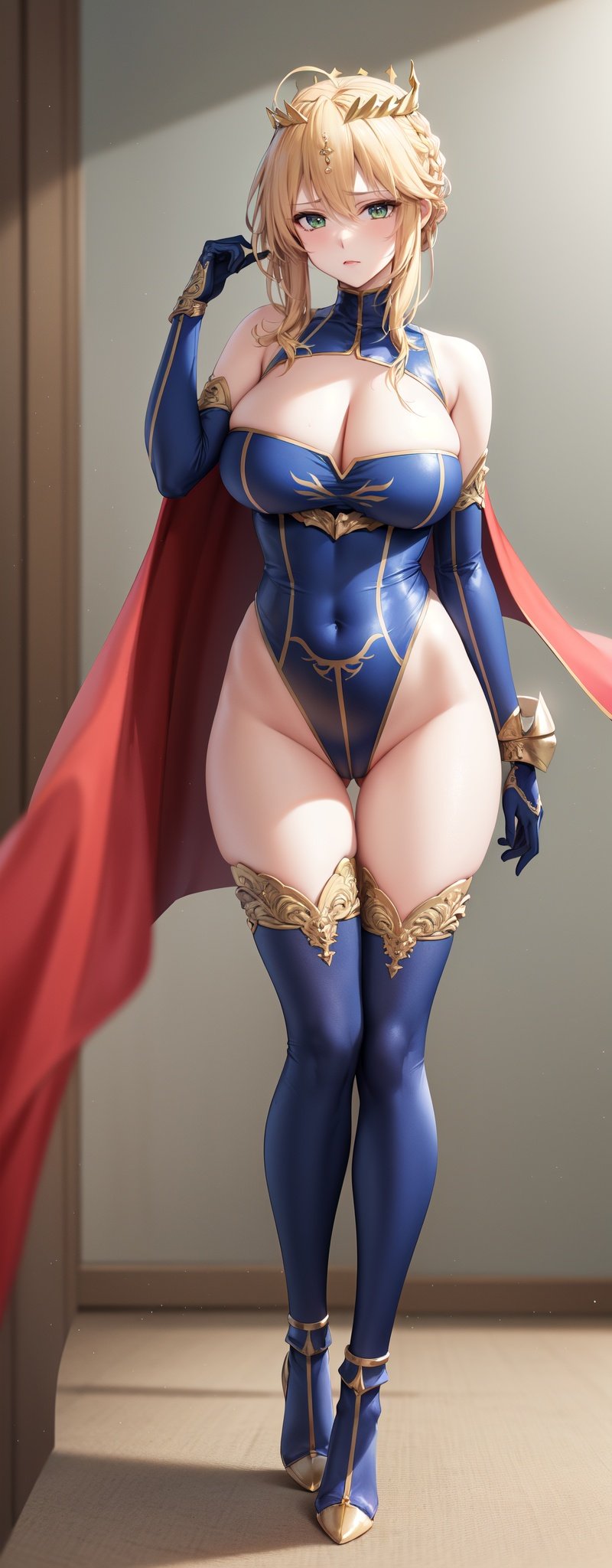  full body shot
(masterpiece, best quality:1.0), highly detailed, intricate detail, 1girl , cute girl,,ARTORIALANCER, BRAID
CROWN, TURTLENECK, CLEAVAGE CUTOUT, SLEEVELESS, BLUE LEOTARD, ELBOW GLOVES, BLUE THIGHHIGHS
FUR TRIM, RED CAPE, GAUNTLET,, disdain, bored