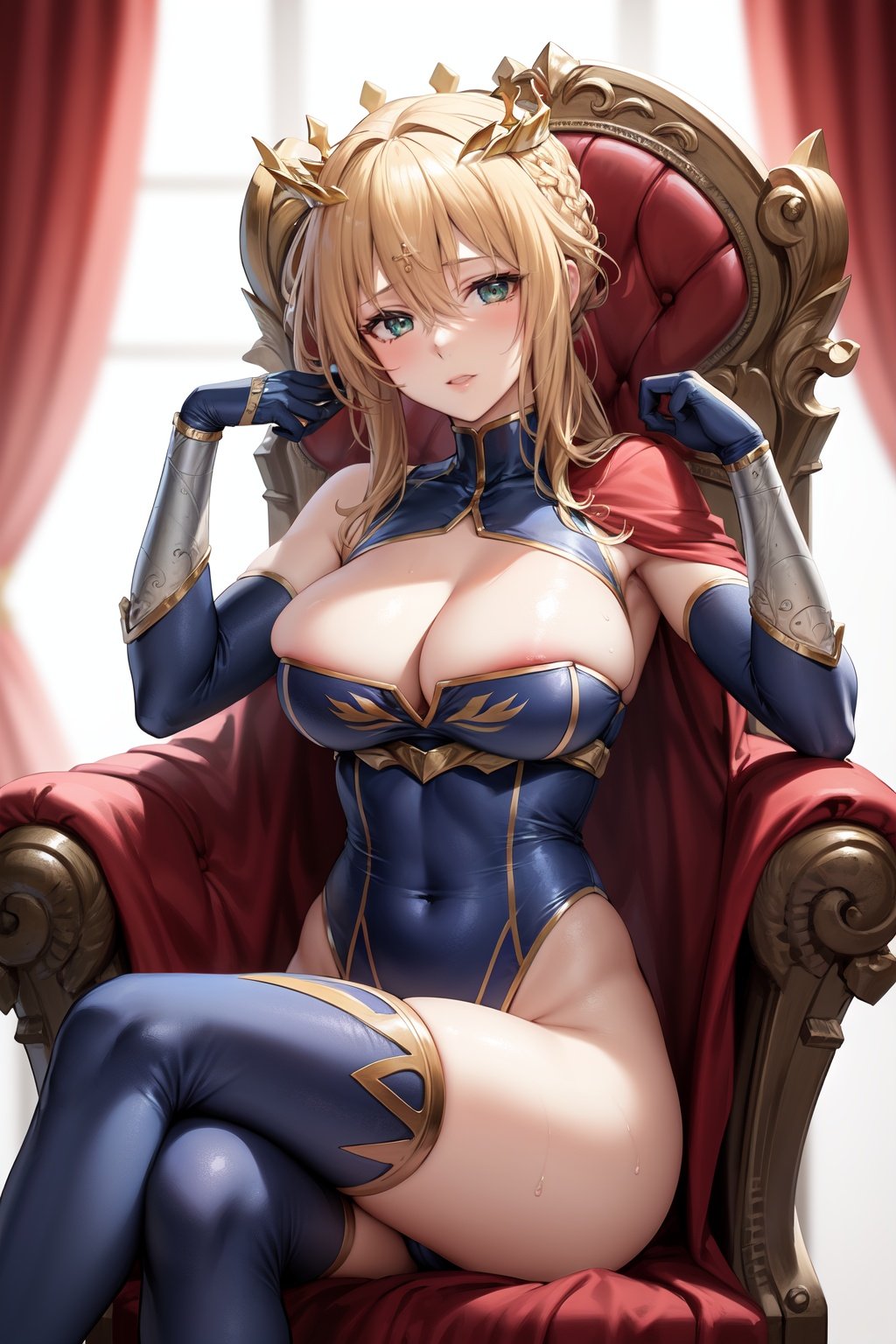  (masterpiece, best quality:1.0), highly detailed, intricate detail, 1girl , cute girl,crossed legs,sitting,head rest,crossed legs,throne, gorgeous, gorgeous chair,(empty eyes),ARTORIALANCER, BRAID
CROWN, TURTLENECK, CLEAVAGE CUTOUT, SLEEVELESS, BLUE LEOTARD, ELBOW GLOVES, BLUE THIGHHIGHS
FUR TRIM, RED CAPE, GAUNTLET, BRAID