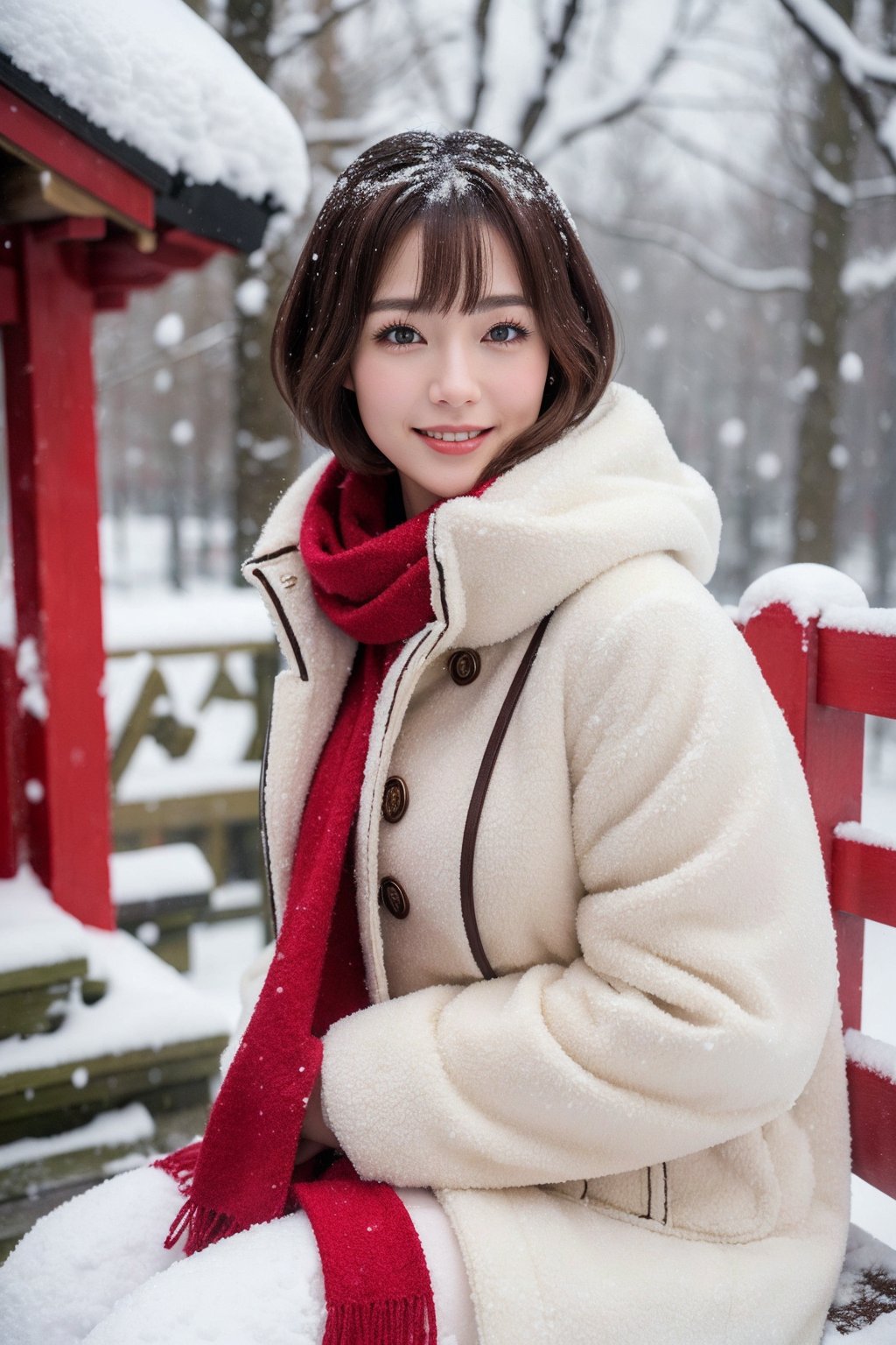 (Best quality, 8k, 32k, Masterpiece, UHD:1.2),Photo of Pretty Japanese woman, 1girl, (medium-short dark brown hair), double eyelid, large breasts, white coat, red scarf, sitting on stairs on shrine, snowy shrine, heavy snow on shrine, fashion model posing, look at viewer, sexy smile, medium-short hair