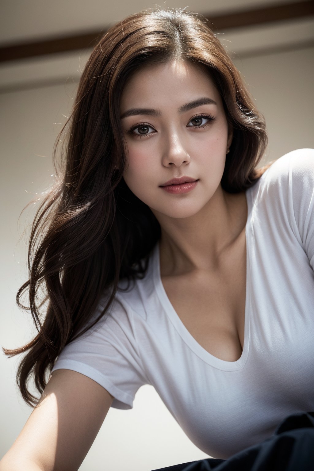 Best quality, raw photo, photorealism, UHD, lifelike rendering, (upper body portrait:1.2), Photo of Beautiful Korean woman, mid-twenty milf, kpop idol, stunning, medium dark brown hair, double eyelids, dark brown eyes, natural medium-large breasts, pale skin, daily outfit, (oversized:1.3) white short sleeve T-shirt, ornate embroidered thong, indoor, lying, sharp focus, seductive face, sexy eyes, smile, look at camera, from below, closed to up, thighs focus, detailed eyes and facial, detailed real skin texture and hair, detailed fabric rendering, natural soft daylight, ray tracing 