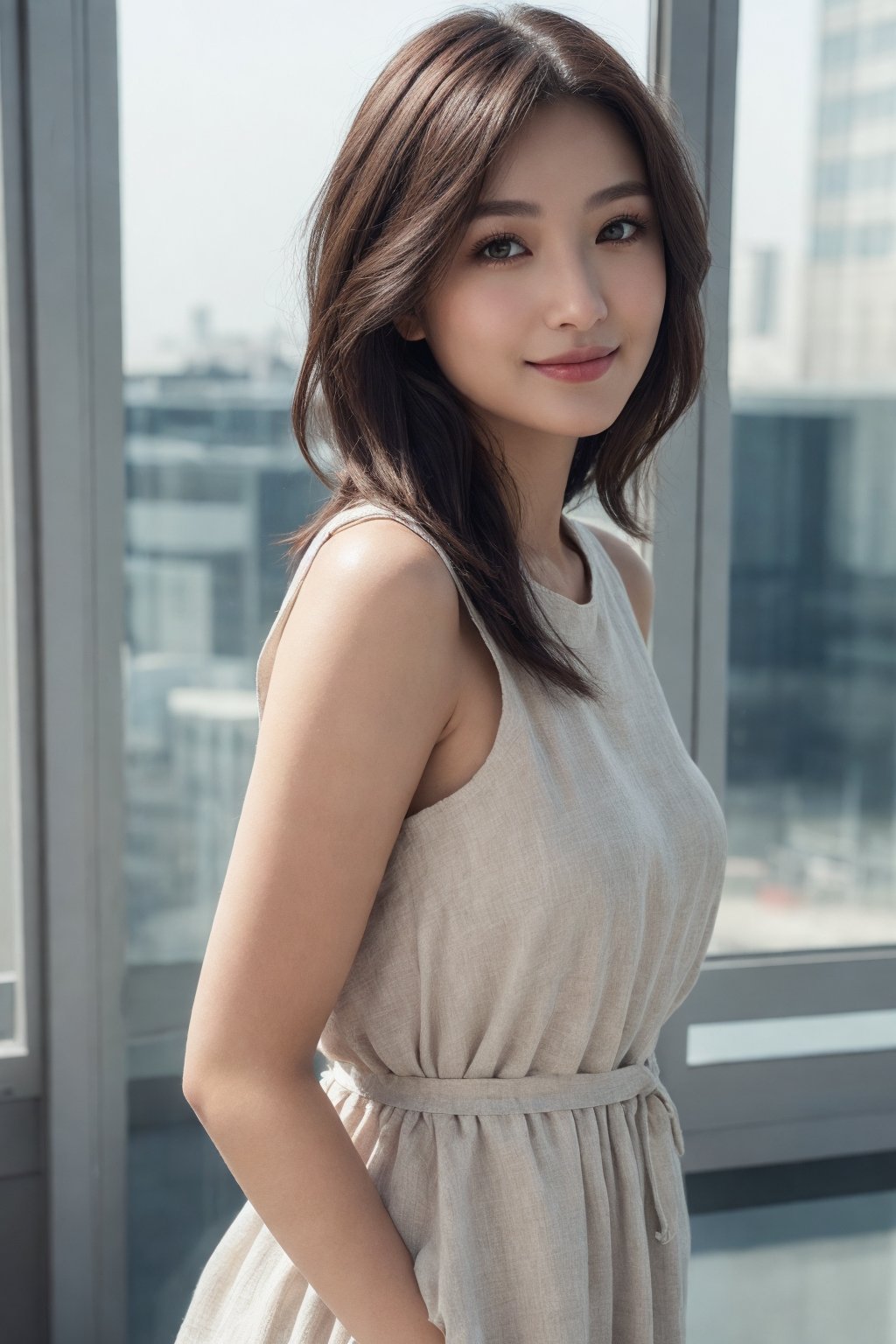 (Best quality, raw photo, photorealism, UHD:1.2),Photo of Pretty Japanese woman, 1woman, (medium-short dark brown hair), double eyelids, perfect round medium breasts, model like figure, fair complexion, daily outfit, thin linen sleeveless loose dress, raw color, from below, stunningly beautiful face and (curvy:0.7) body, seducing smile, look at camera, waist focus, detailed eyes and facial, detailed real skin texture and hair, detailed fabric rendering, natural soft daylight, ray tracing,