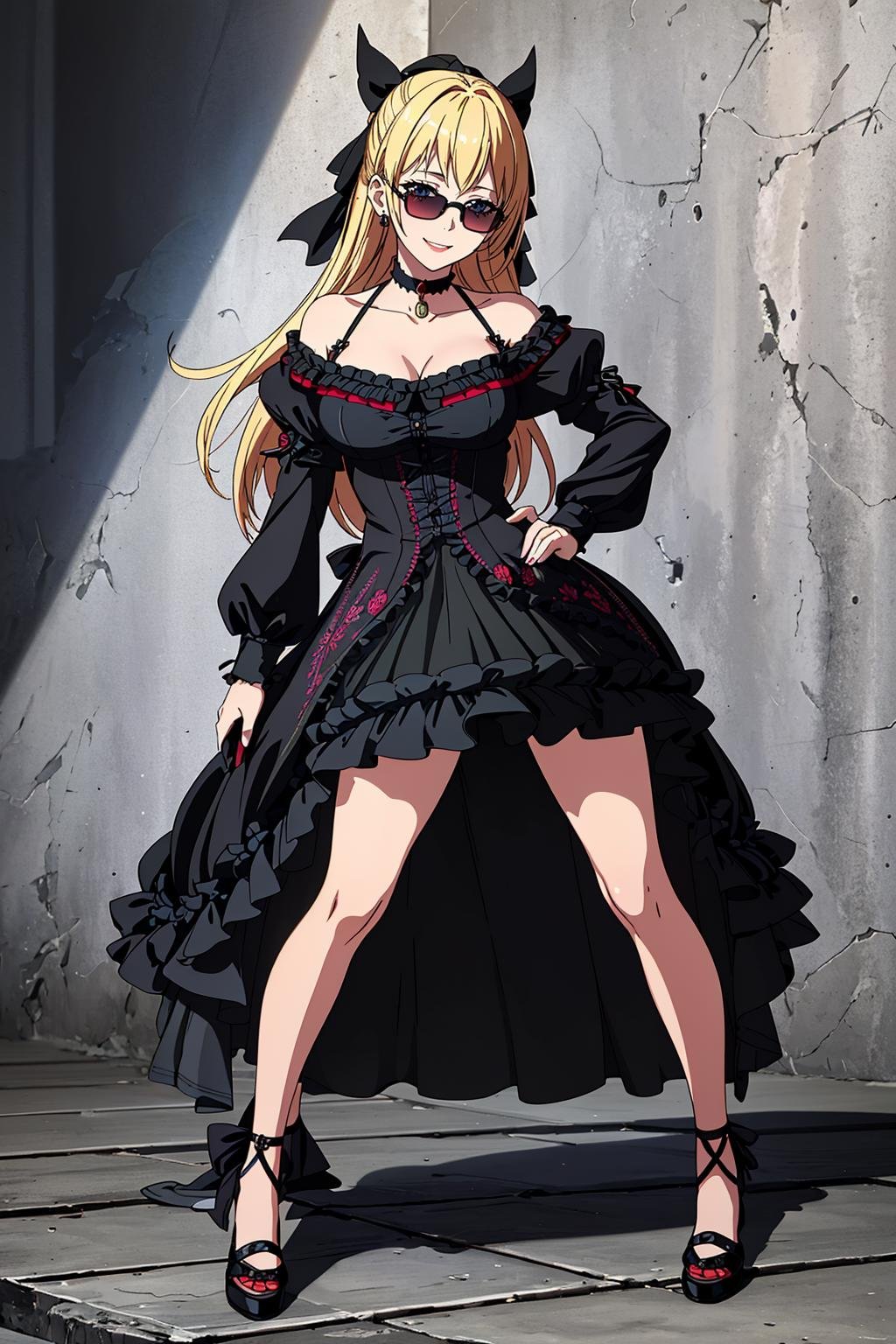 ((Masterpiece, best quality,edgQuality)),solo,1girl,smiling,excited,(full body,standing,hand on hip)edgwrench, a woman in a black dress,wearing edgwrench,embroidery,ribbons <lora:edgWrenchDress:0.8>Blonde Nadia with sunglasses and a choker <lora:Ultimate_Nadia:0.5>