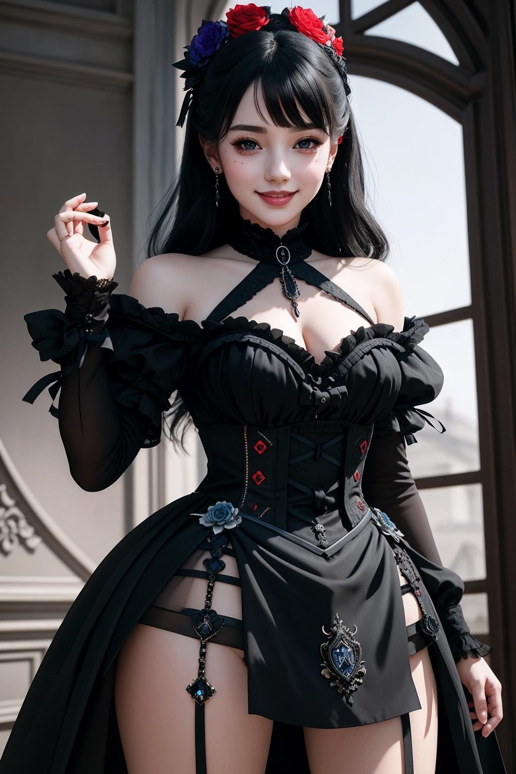 ((Masterpiece, best quality,edgQuality)),solo,1girl,smiling,excited,edgwrench, a woman in a black dress,wearing edgwrench <lora:edgWrenchDress:1>