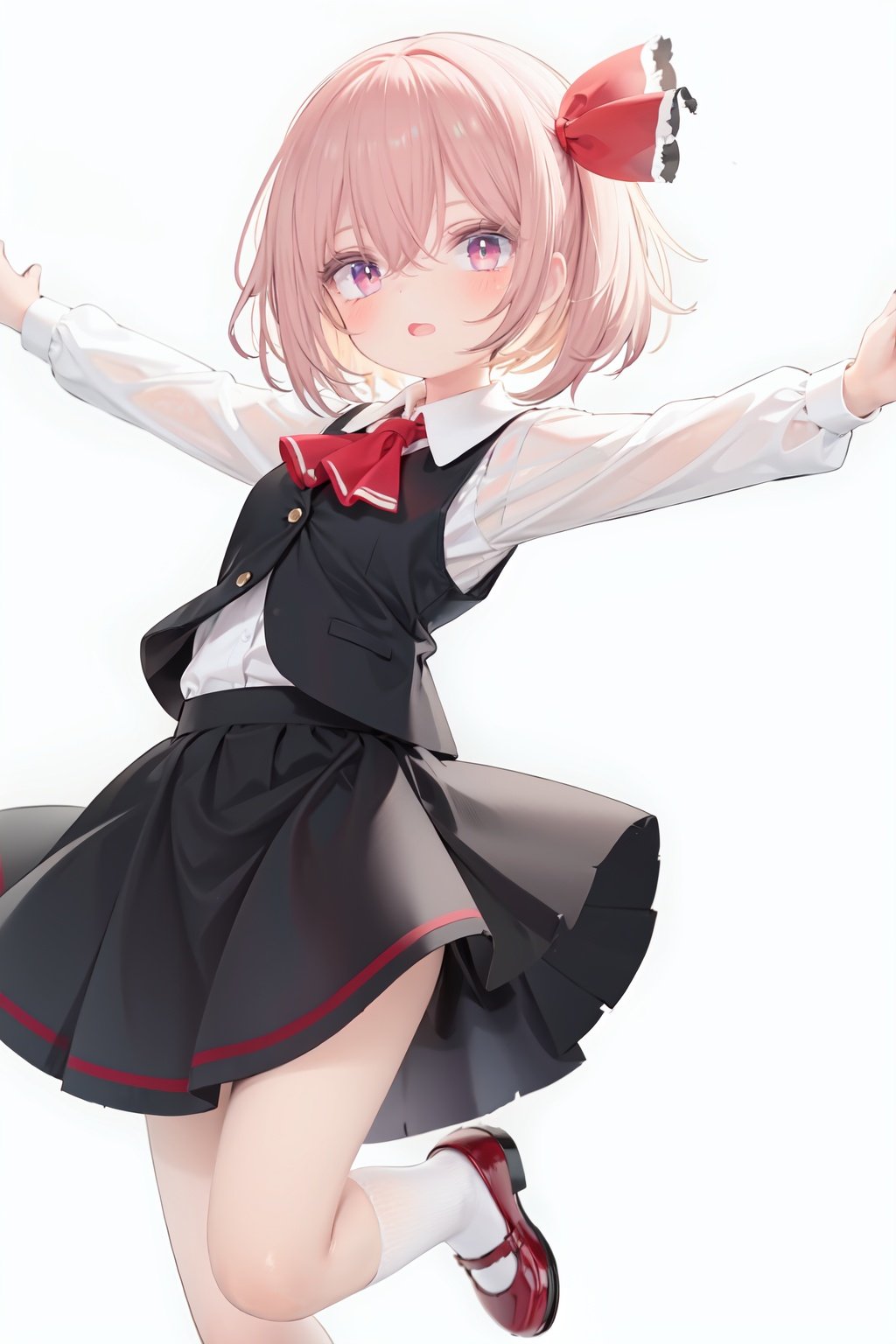  1girl, rumia, blonde hair, solo, white background, red eyes, red footwear, simple background, ascot, short hair, ribbon, open mouth, hair ribbon, smile, long sleeves, shirt, looking at viewer, red ascot, white socks, white shirt, red ribbon, shoes, socks, frills, bangs, outstretched arms, hair between eyes, skirt, :d, dress, vest, mary janes, black dress, black skirt, collared shirt, black vest, blush