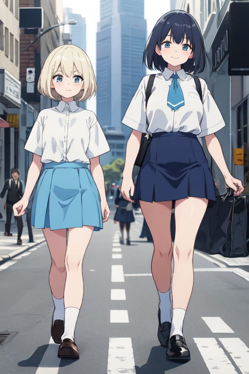 2girls, white shirt, blue skirt, size difference, happy, walking, street
