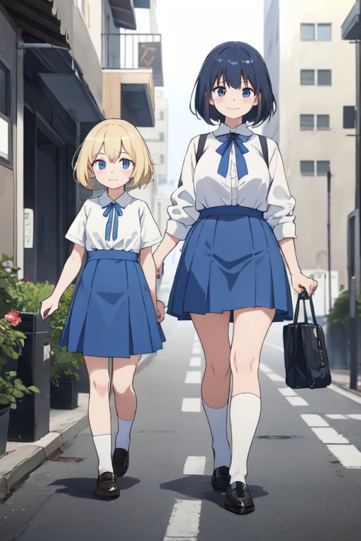 2girls, white shirt, blue skirt, size difference, happy, walking, street