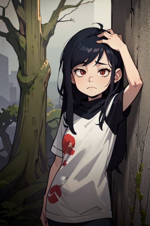 Cartoon, 1girl, desolate environment, near a large withered tree, dark fantasy background, black hair, long hair, red eyes, leaning against a destroyed wall, sad, depression, torn survival clothes, original_character
