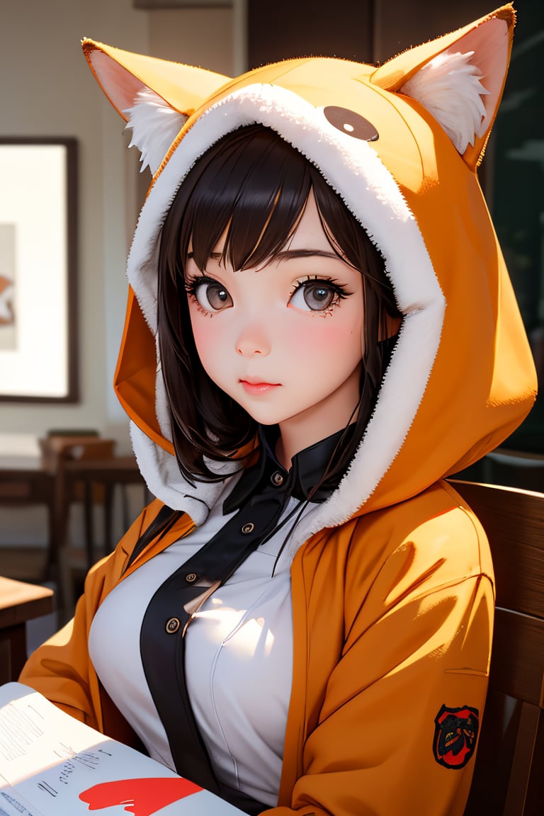 1girl, caucasian, adult, indoors, colorful, cute fox costume, ultra realistic, best quality, ultra detailed, average girl, upper body, closeup,More Detail