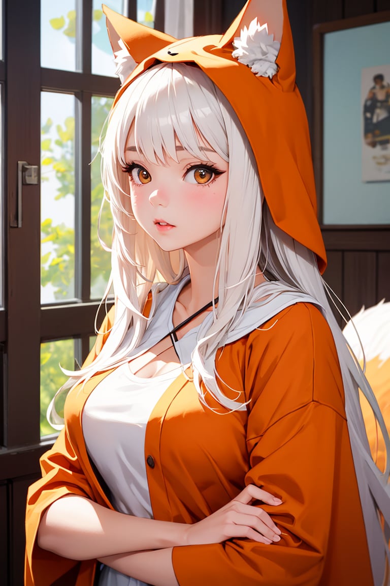 1girl, caucasian, adult, indoors, colorful, cute fox costume, ultra realistic, best quality, ultra detailed, average girl, upper body, closeup,More Detail