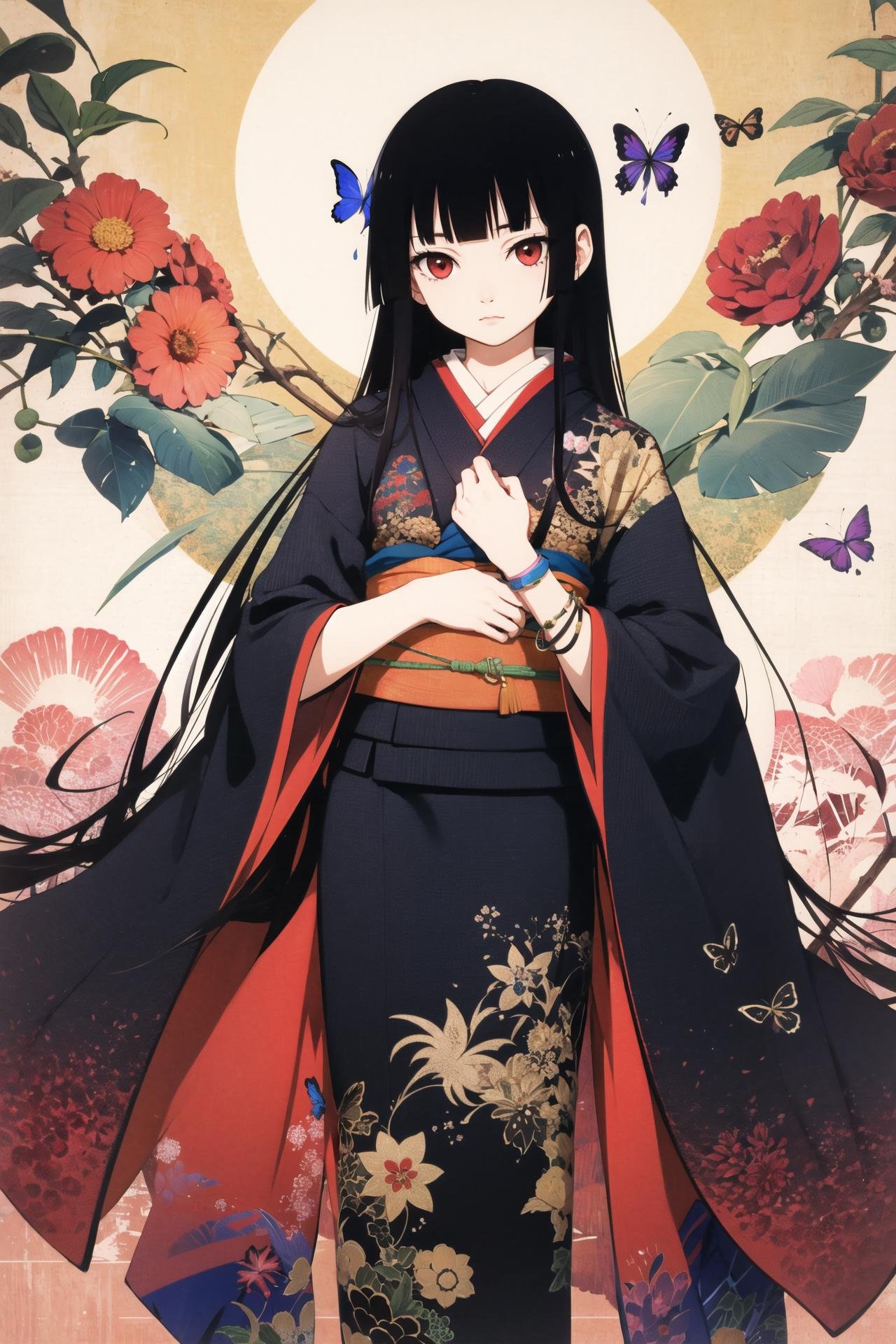 Enma Ai, 1girl, solo, japanese clothes, long hair, butterfly, bug, black hair, kimono, hime cut, bangs, bracelet, blunt bangs, jewelry, black kimono, red eyes,  <lora:Enma Ai:0.8>