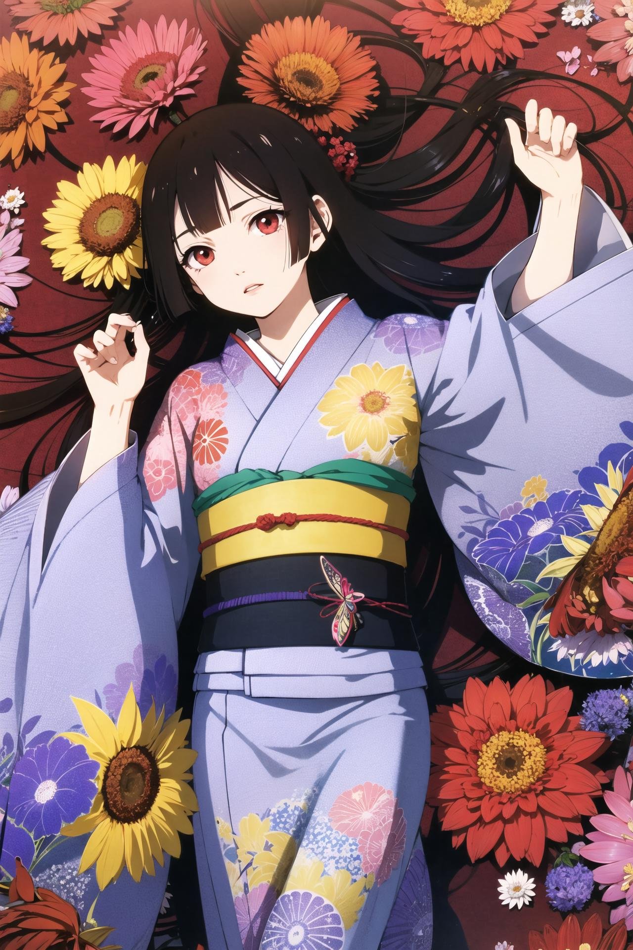 Enma Ai, 1girl, chrysanthemum, flower, solo, japanese clothes, long hair, kimono, yellow flower, butterfly, hair spread out, purple flower, sash, floral print, black hair, bug, red eyes, lying, obi, orange flower, bangs, on back, kikumon, spider lily, pink flower, colorful, red flower, blunt bangs, blue flower, looking at viewer, parted lips, butterfly print, print kimono, long sleeves, crane \(animal\), pale skin, wide sleeves, from above, <lora:Enma Ai:0.8>