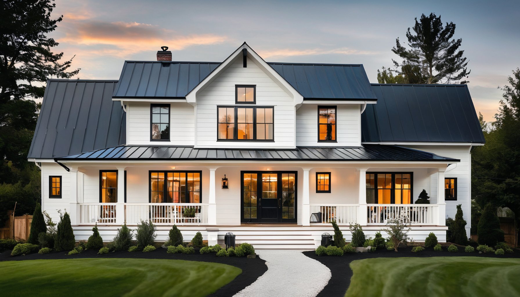 A beautiful modern farmhouse style home, white siding, black trim, black steel roof, (analog photography, highest quality, RAW, hyperrealism, trending on ArtStation, trending on CGSociety), saturated colors:1.0