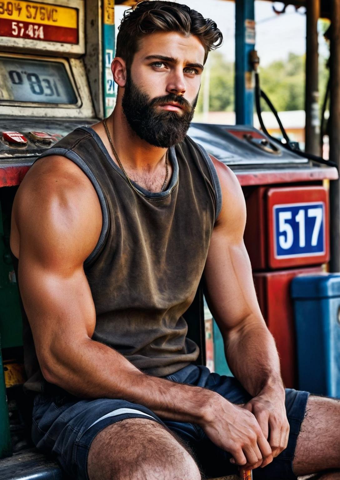 20yo masculine clothed male seated, wearing tight sweaty work clothing , dark hair, beard, (extremely detailed photograph), Intricate, High Detail, Sharp focus, dramatic, photorealistic painting, ((rustic rundown gas station in the 50's)), (detailed pupils), (closeup), (dark atmosphere)