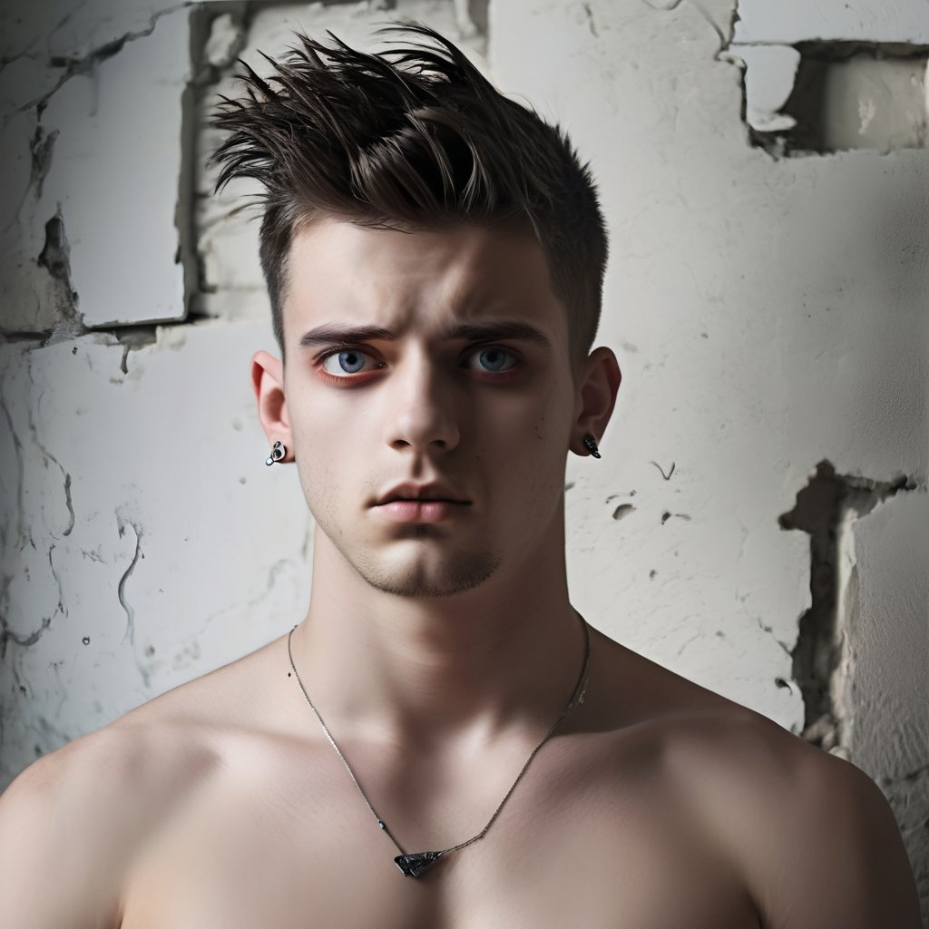 Dramatic portrait of a young man with stylish haircut and piercing eyes. High-contrast, gritty feel from film camera with sharp features. Ideal for fashion, ads, or striking wall art.