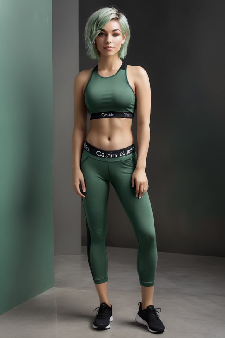 Full body portrat Woman short green hair wearing calvin klein yoga pants an top,detailmaster2,rebela