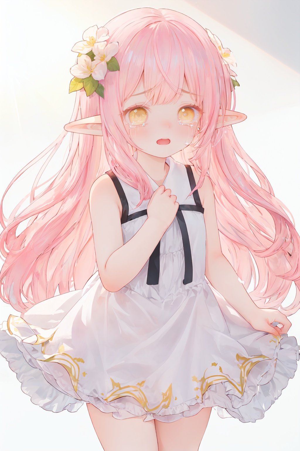 white background, sun glare, 
pink hair, yellow eyes, hair cover one eye, pointy ears, long hair, hair flower, Lateral hair,elf,
dress,sleeveless, 
blush, light smile, tears, 