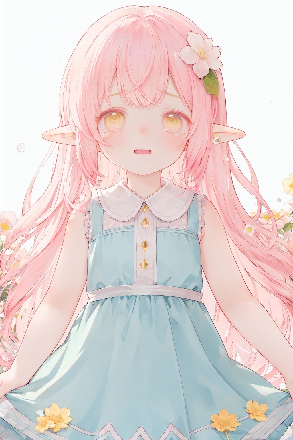 white background, sun glare, 
pink hair, yellow eyes, hair cover one eye, pointy ears, long hair, hair flower, Lateral hair,elf,
dress,sleeveless, 
blush, light smile, tears, 