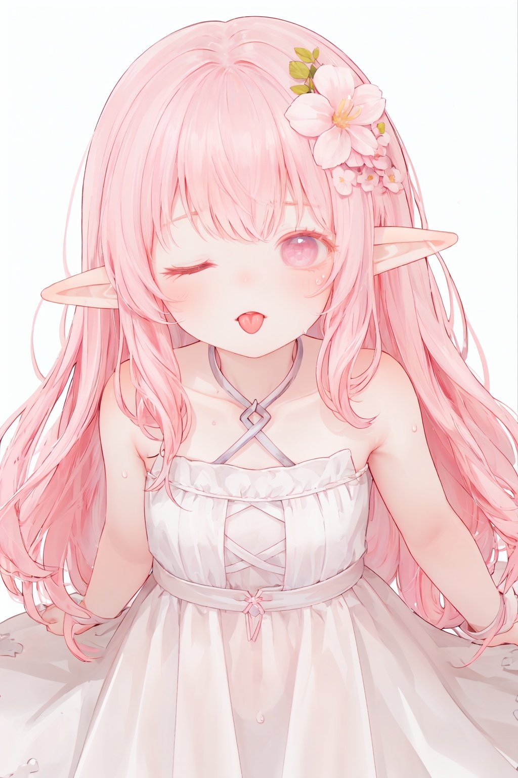 white background, 
looking at viewer,blush,close range,arm down, 
white dress,strapless, pink hair,eyes closed, pointy ears, long hair, hair flower, Lateral hair,elf, 
light smile,open mouth,standing,upper body,tongue,close-up,from above,sweat,frown