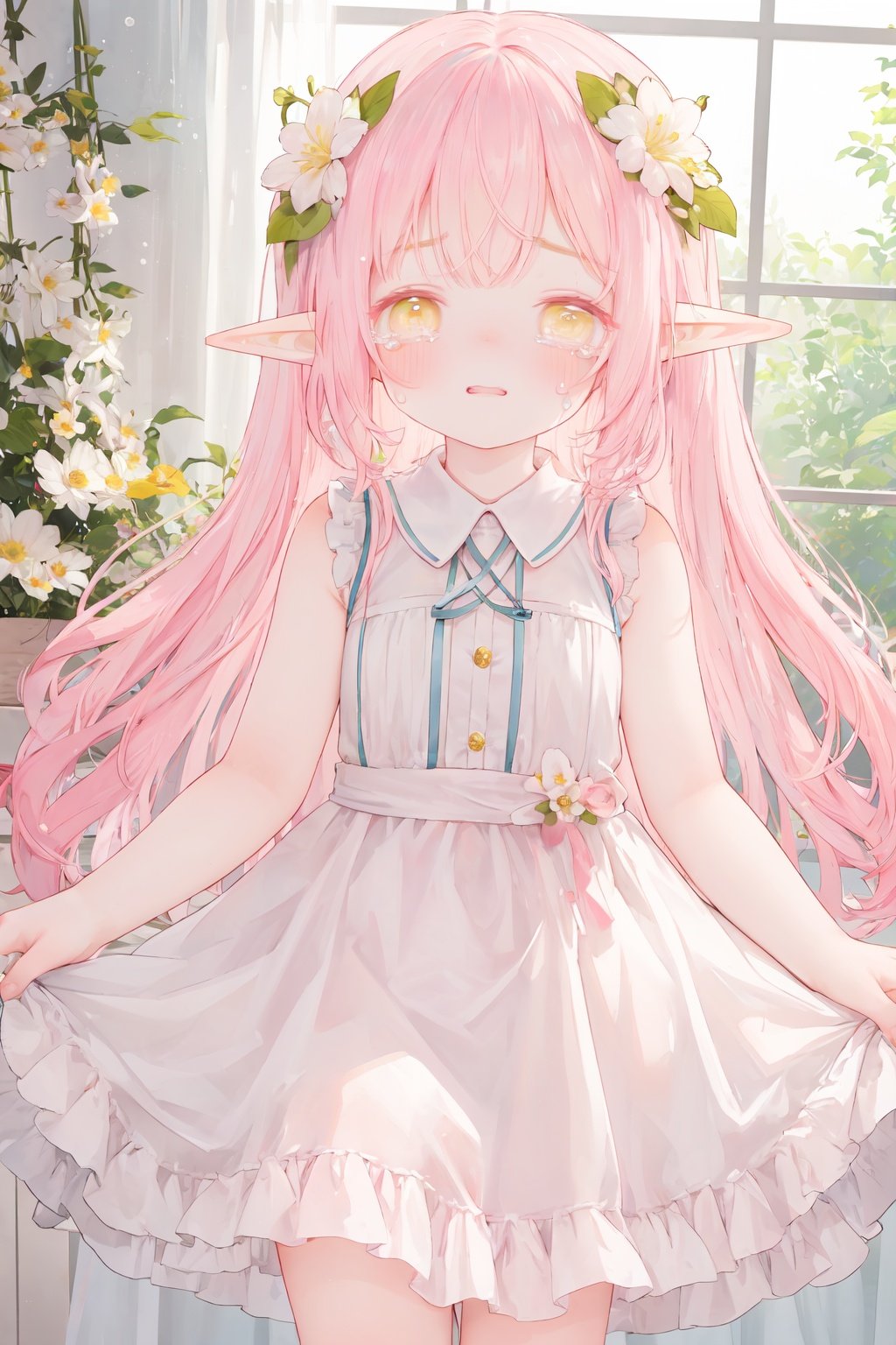 pink hair, yellow eyes, hair cover one eye, pointy ears, long hair, hair flower, Lateral hair,elf,
dress,sleeveless, 
blush, light smile, half-closed eyes, tears, 