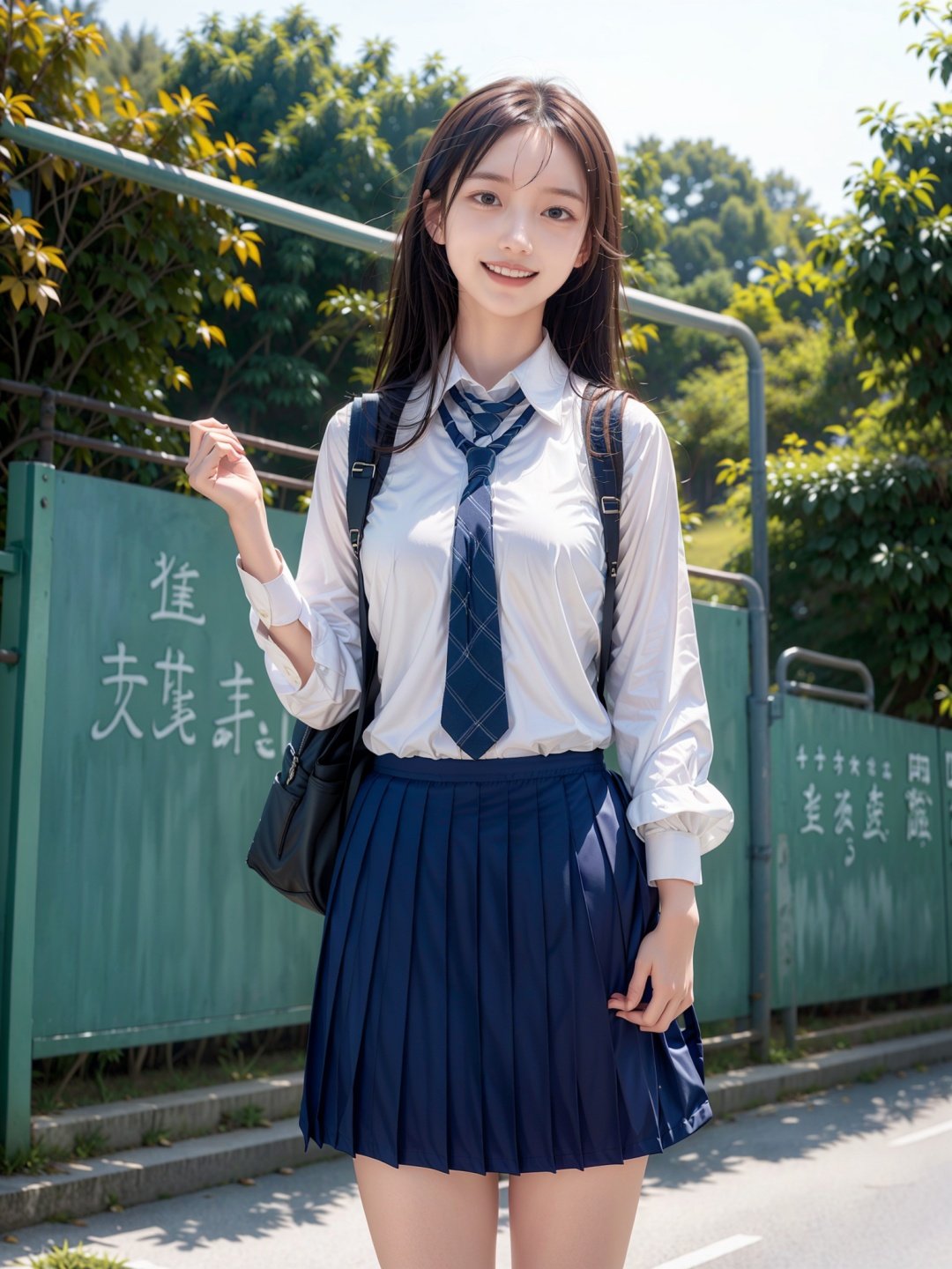 simple_background, girl,  in a high school uniform,  with a cheerful expression,  carrying a backpack,  standing in front of a school gate,  surrounded by classmates, ULTIMATE BEAUTIFUL GIRL,<lora:EMS-89587-EMS:0.800000>