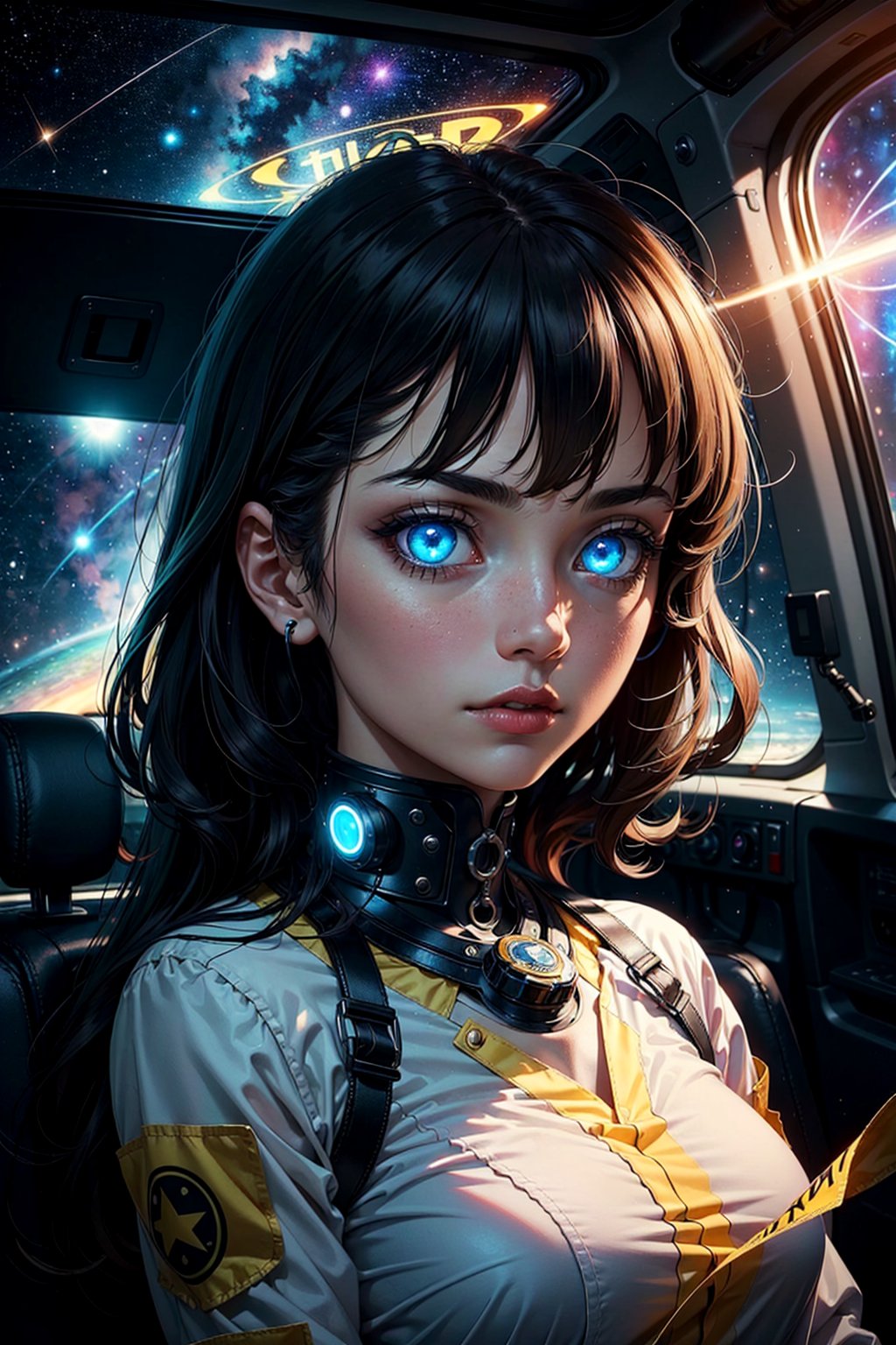 1girl, solo, looking at viewer, detailed background, detailed face,  (glowing eyes:1.2), living star constellation, star sign, calm, pisces, esoteric  patterns, interstellar energy, stars, bright Taxi Cab Yellow lights, cosmic light,  shine, weightlessness, backlighting, cosmic space background, surreal ethereal atmosphere, (detailed eyes:1.3)