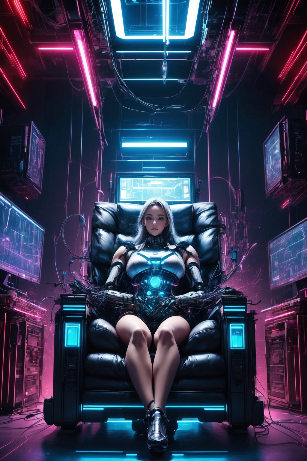 High-quality, photorealistic digital art, 64K HDR, bright-lit cyberpunk laboratory scene with a girl in mechanized armor sitting in an energy chair, surrounded by wires and futuristic instruments, symmetric composition, (Cyberpunk:1.4), (Mecha-armored girl:1.3), (energy chair:1.2), by FuturEvoLab, advanced technology, metallic textures, contrasting neon lighting, dynamic ambiance, futuristic.