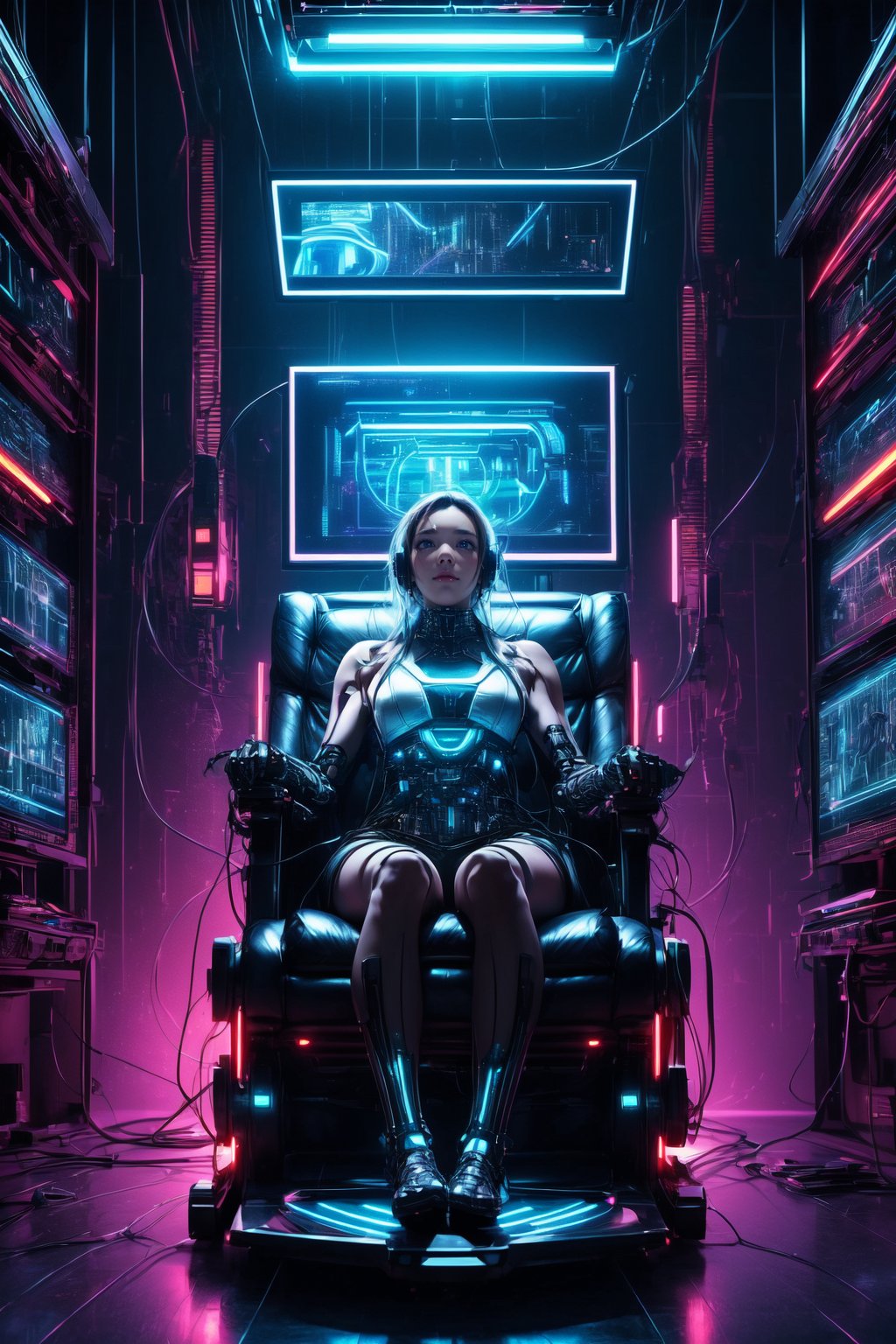 High-quality, ultra-realistic digital painting, 64K HDR, luminously lit cyberpunk lab setting with a female figure clad in mecha-style armor seated in a power chair, encircled by advanced cables and high-tech devices, balanced composition, (Cyberpunk theme:1.4), (Armored techno-girl:1.3), (power chair:1.2), created by FuturEvoLab, cutting-edge technology, sleek metallic surfaces, vivid neon contrasts, lively environment, forward-looking design.