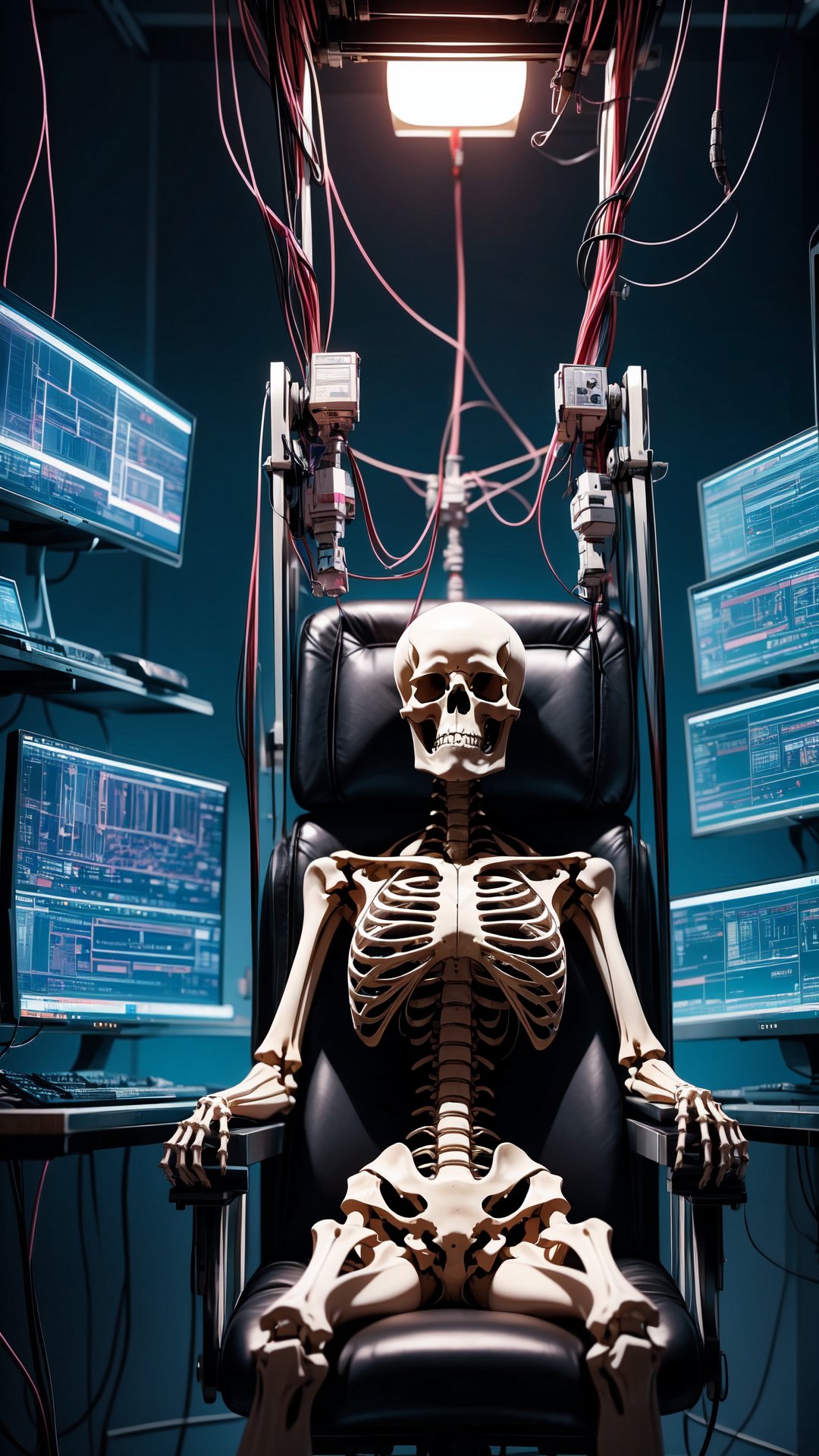 A human skeleton sits in the electric chair, are covered with wires and instruments. Cyberpunk Laboratory,  picture symmetrical,  Cyberpunk, CyberMechaGirl, ,photorealistic