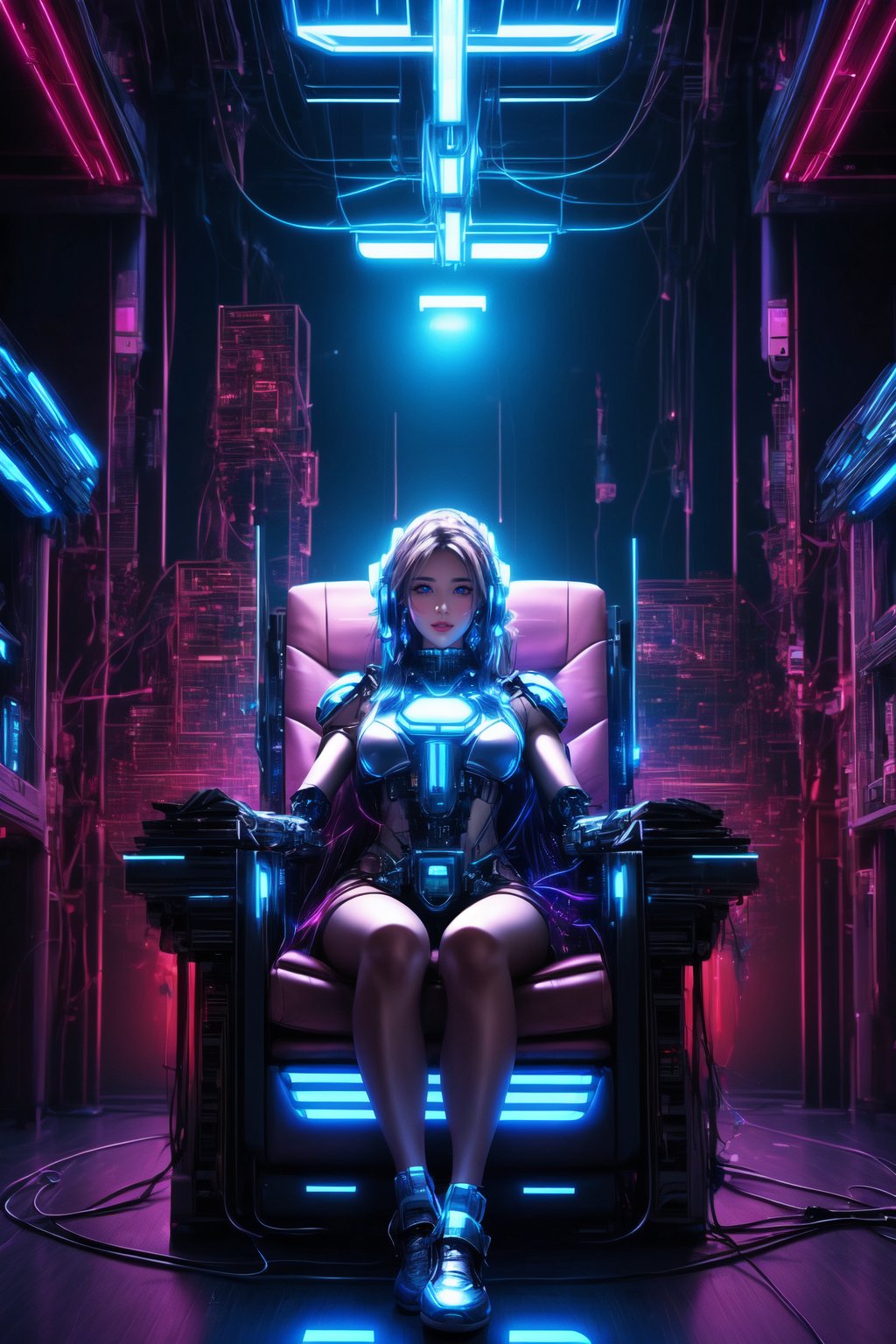 High-quality, photorealistic digital art, 64K HDR, bright-lit cyberpunk laboratory scene with a girl in mechanized armor sitting in an energy chair, surrounded by wires and futuristic instruments, symmetric composition, (Cyberpunk:1.4), (Mecha-armored girl:1.3), (energy chair:1.2), advanced technology, by FuturEvoLab, metallic textures, contrasting neon lighting, dynamic ambiance, futuristic.