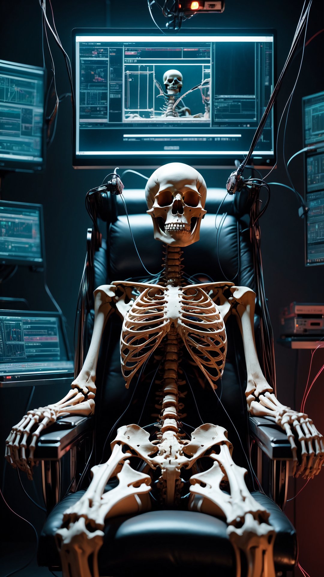 A human skeleton sits in the electric chair, are covered with wires and instruments. Cyberpunk Laboratory,  picture symmetrical,  Cyberpunk, CyberMechaGirl, 