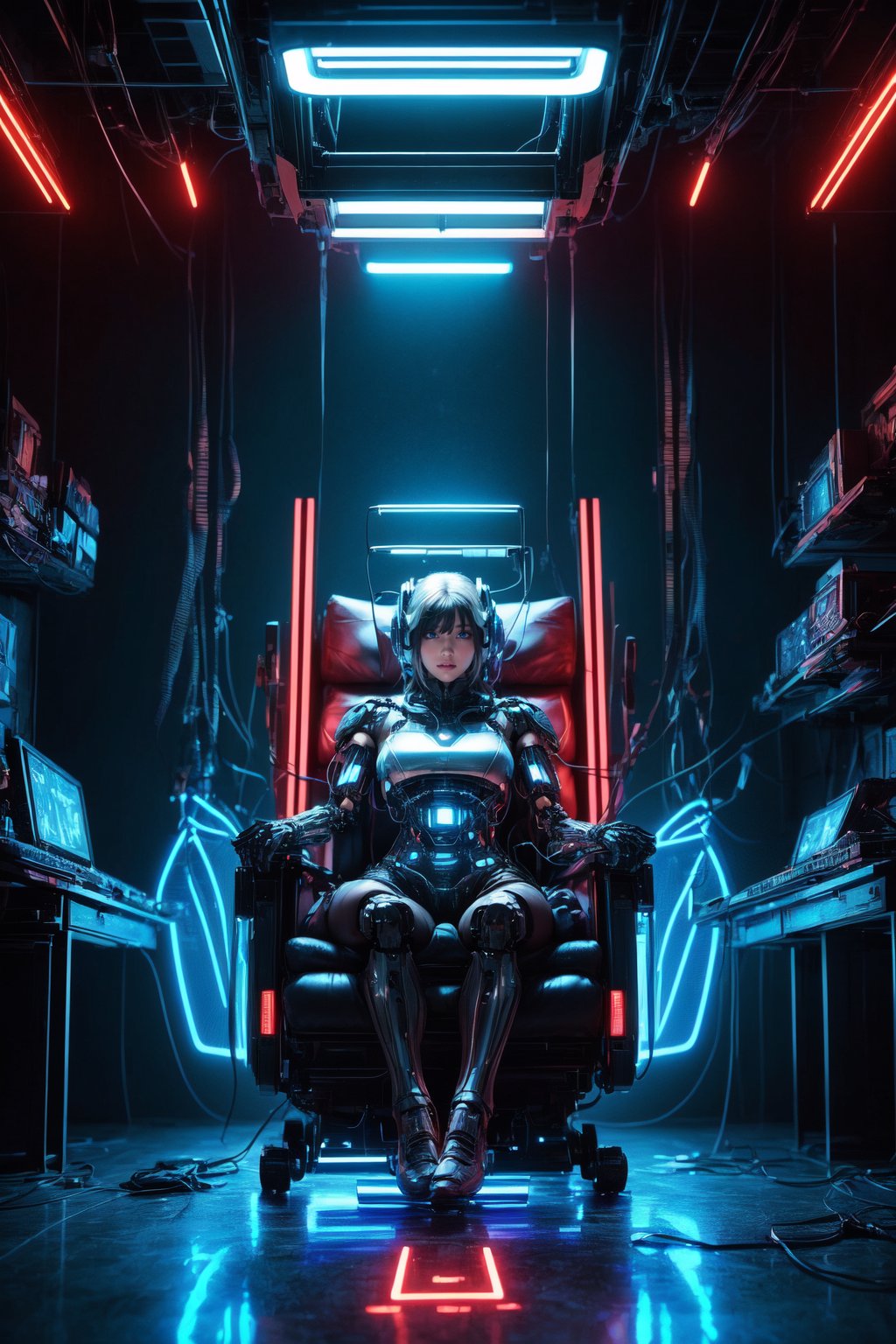 High-quality, photorealistic digital art, 64K HDR, bright-lit cyberpunk laboratory scene with a girl in mechanized armor sitting in an energy chair, surrounded by wires and futuristic instruments, symmetric composition, (Cyberpunk:1.4), (Mecha-armored girl:1.3), (energy chair:1.2), by FuturEvoLab, advanced technology, metallic textures, contrasting neon lighting, dynamic ambiance, futuristic.