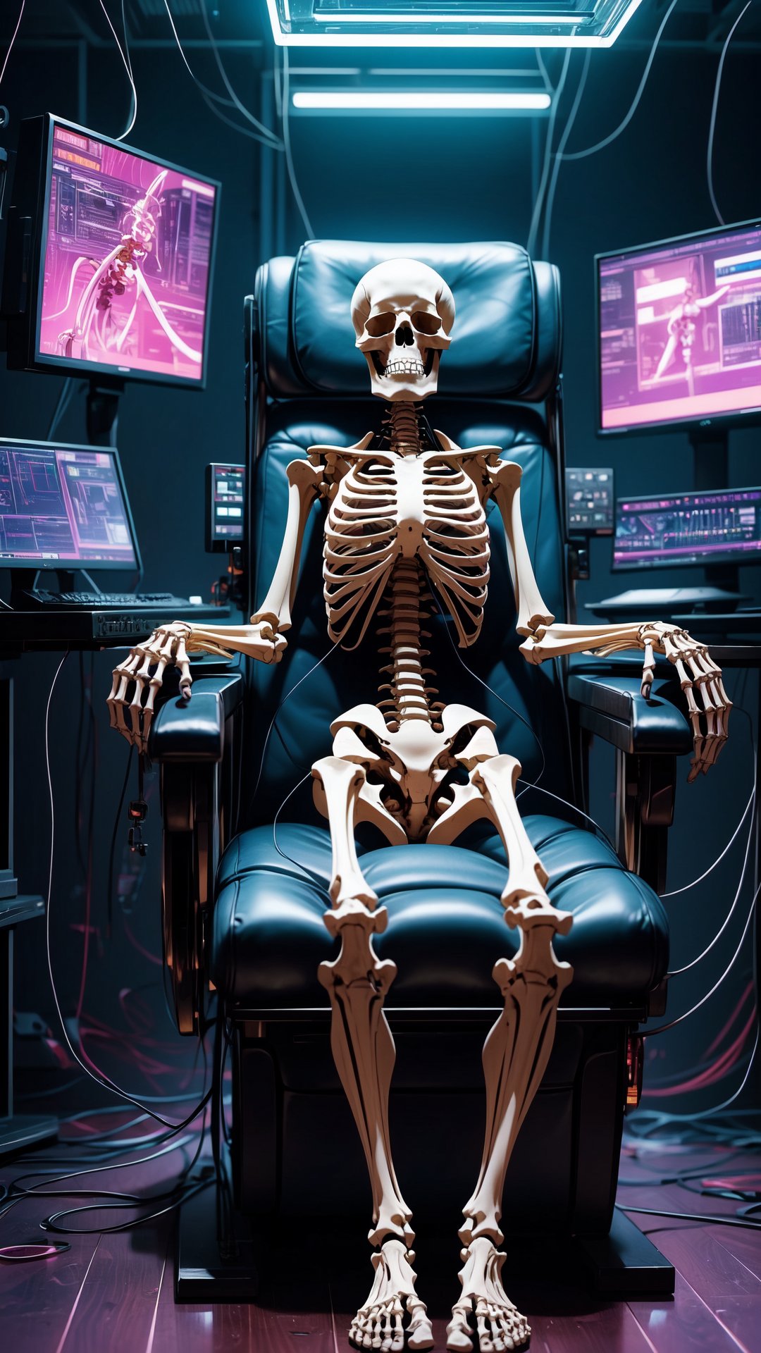 complete skeleton, A human skeleton sits in the electric chair, are covered with wires and instruments. Cyberpunk Laboratory,  picture symmetrical,  Cyberpunk, CyberMechaGirl, ,photorealistic