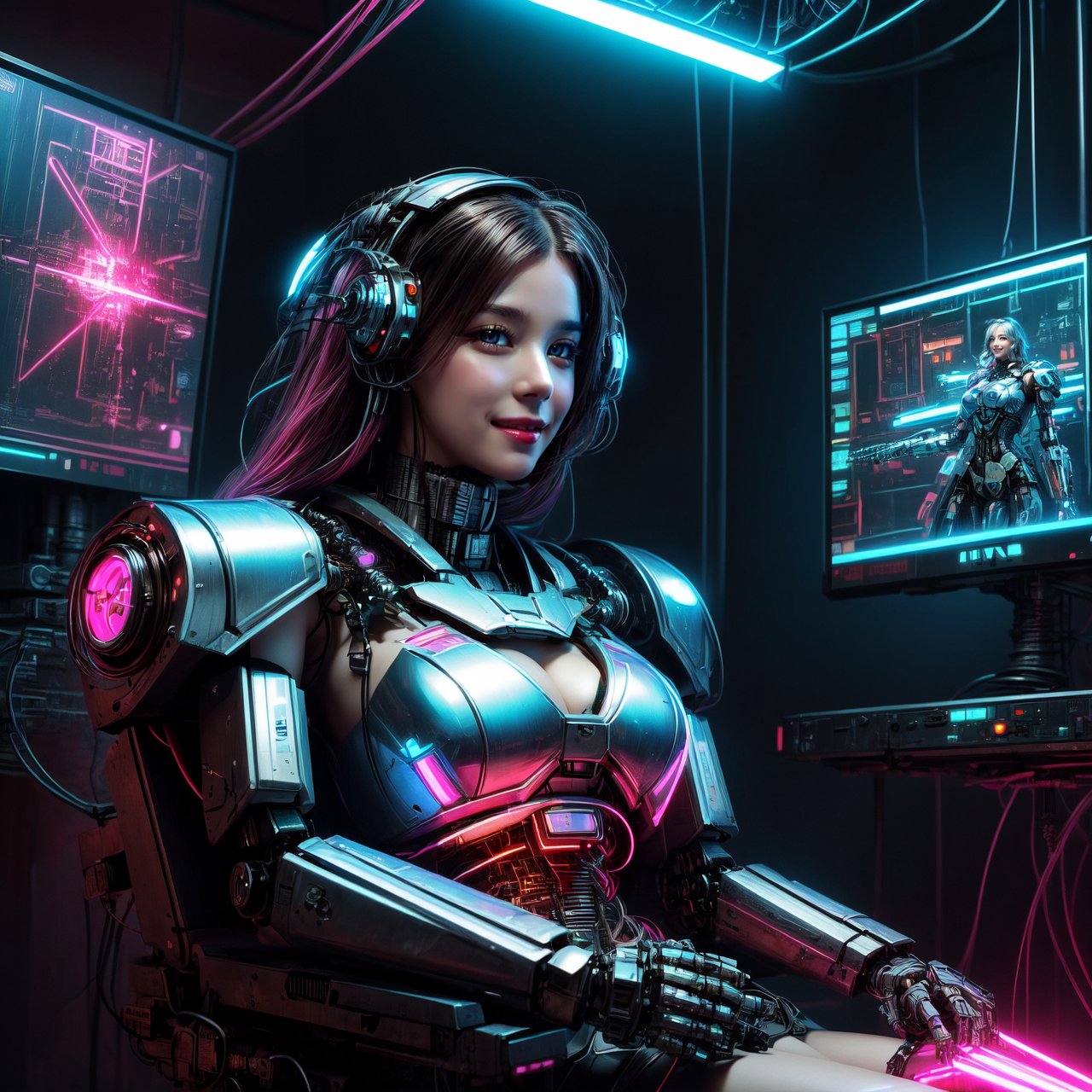 High-quality, photorealistic digital art, 64K HDR, cyberpunk laboratory scene featuring a girl in mechanized armor sitting in an electric chair, intertwined with wires and instruments, symmetric composition, (Cyberpunk:1.4), (Mecha-armored girl:1.3), futuristic, techno-dystopian atmosphere, advanced technology, metallic textures, neon lighting, dark ambiance, Pink Mecha, 